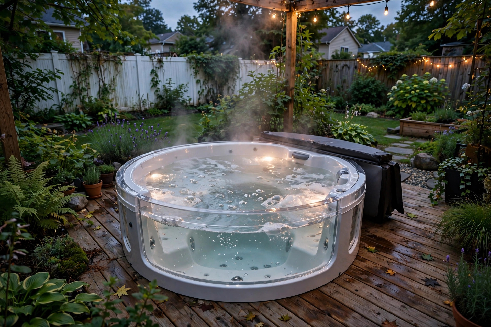 best hot tub for arthritis relief: A hot tub with warm steaming water in an American backyard, shown in a garden setting