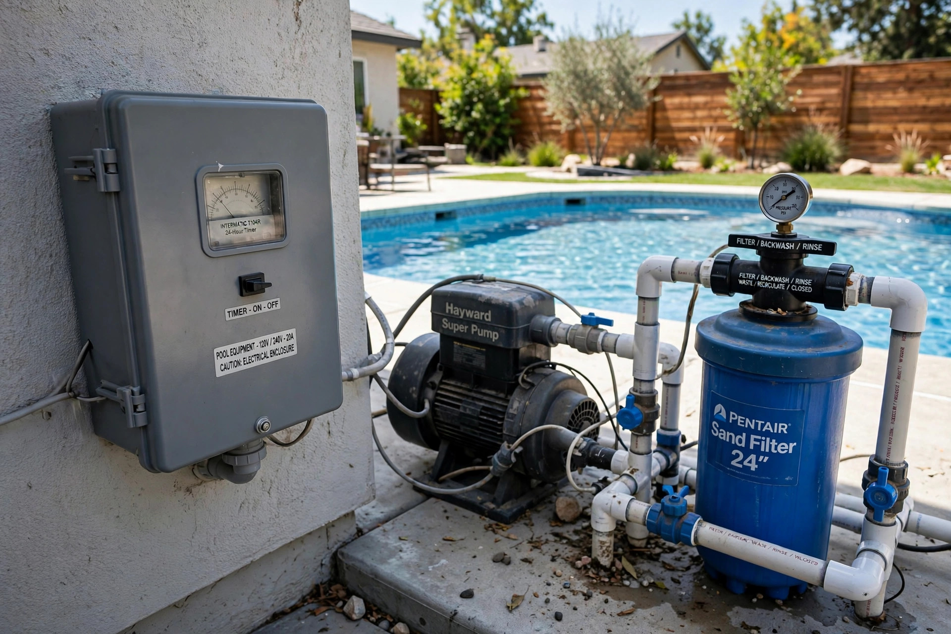 A pool timer control box mounted beside inground pool pump equipment, best pool timer for pump automation