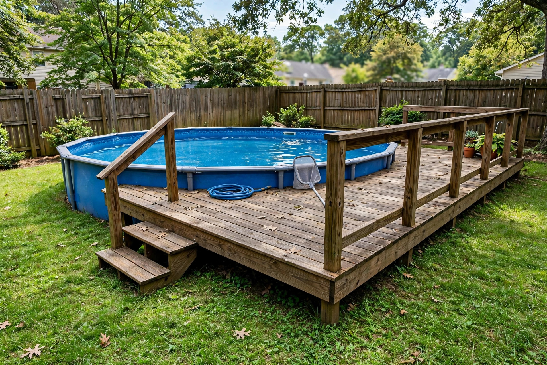 above ground pool deck ideas on budget: Simple wooden deck built around an above ground pool