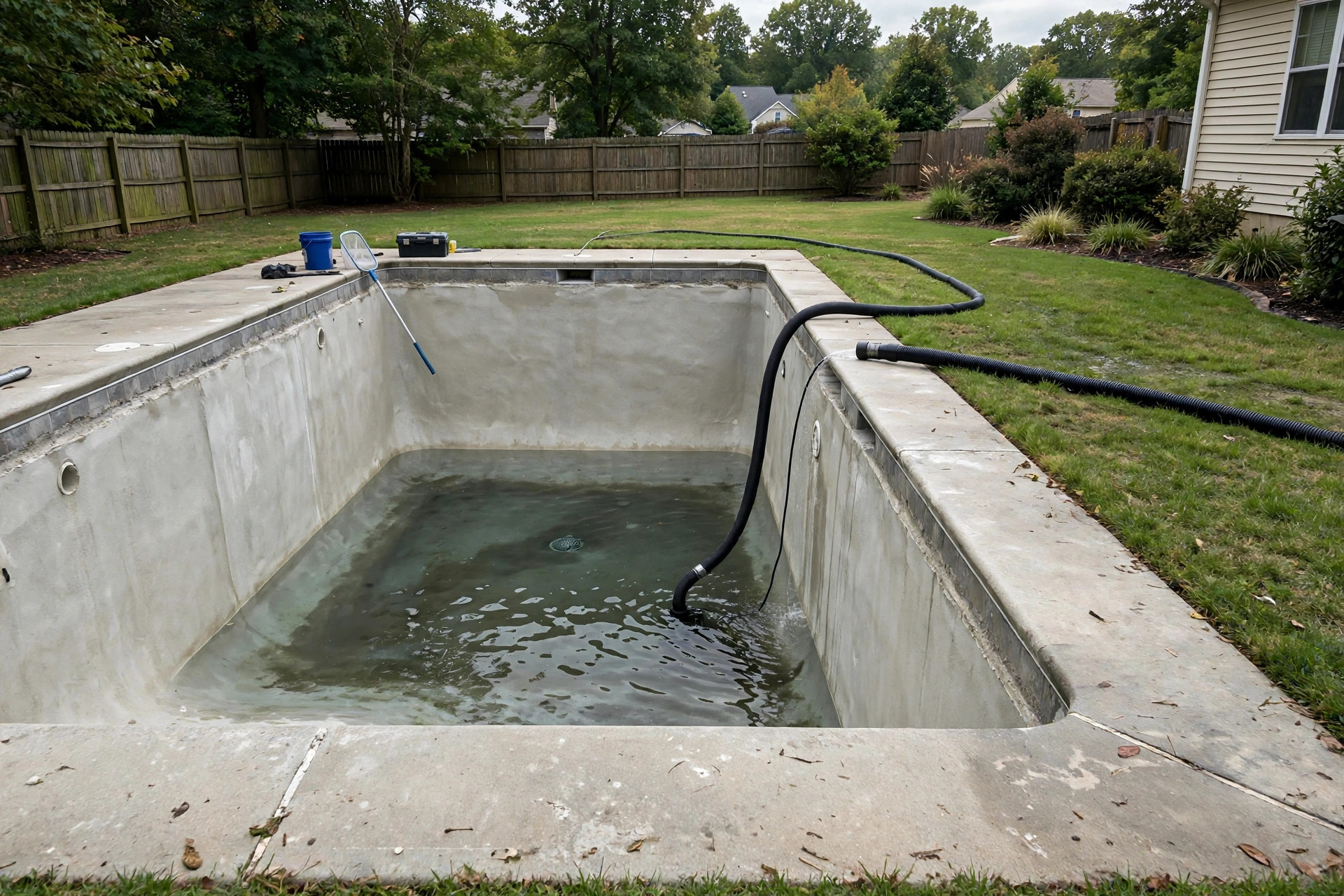 how to drain pool for repairs: Submersible pump draining an inground pool for repairs