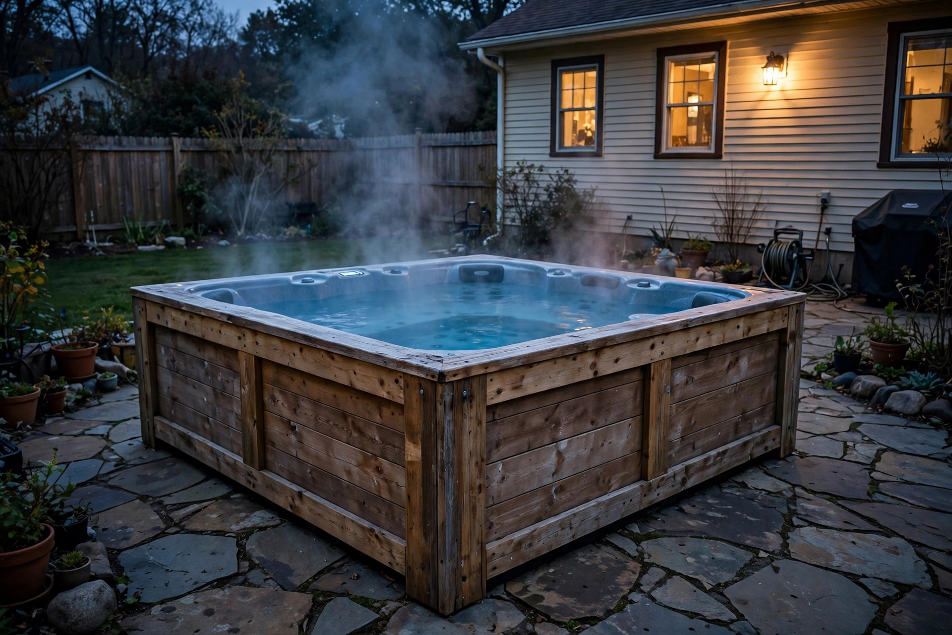 best hot tub under 5000 dollars: Steaming hot tub with wooden surround on a home patio at dusk