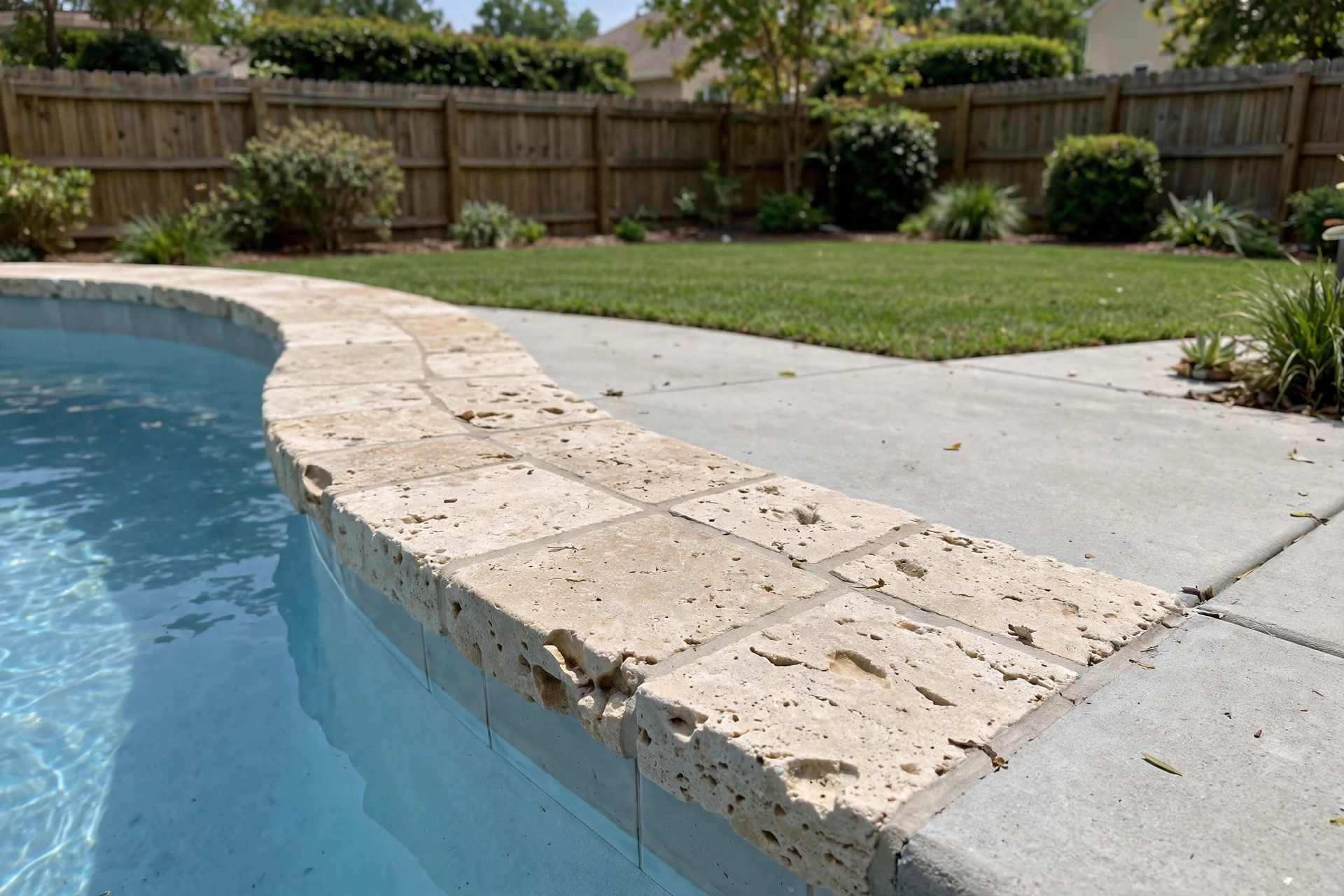 Stone pool coping along the edge of an inground swimming pool for a pool coping replacement cost estimate