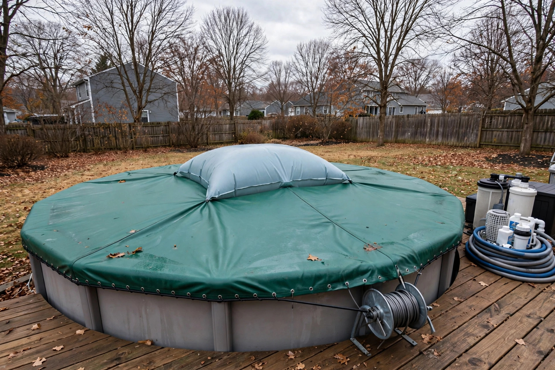 Above ground pool with winter cover in a snowy backyard showing how to winterize above ground pool