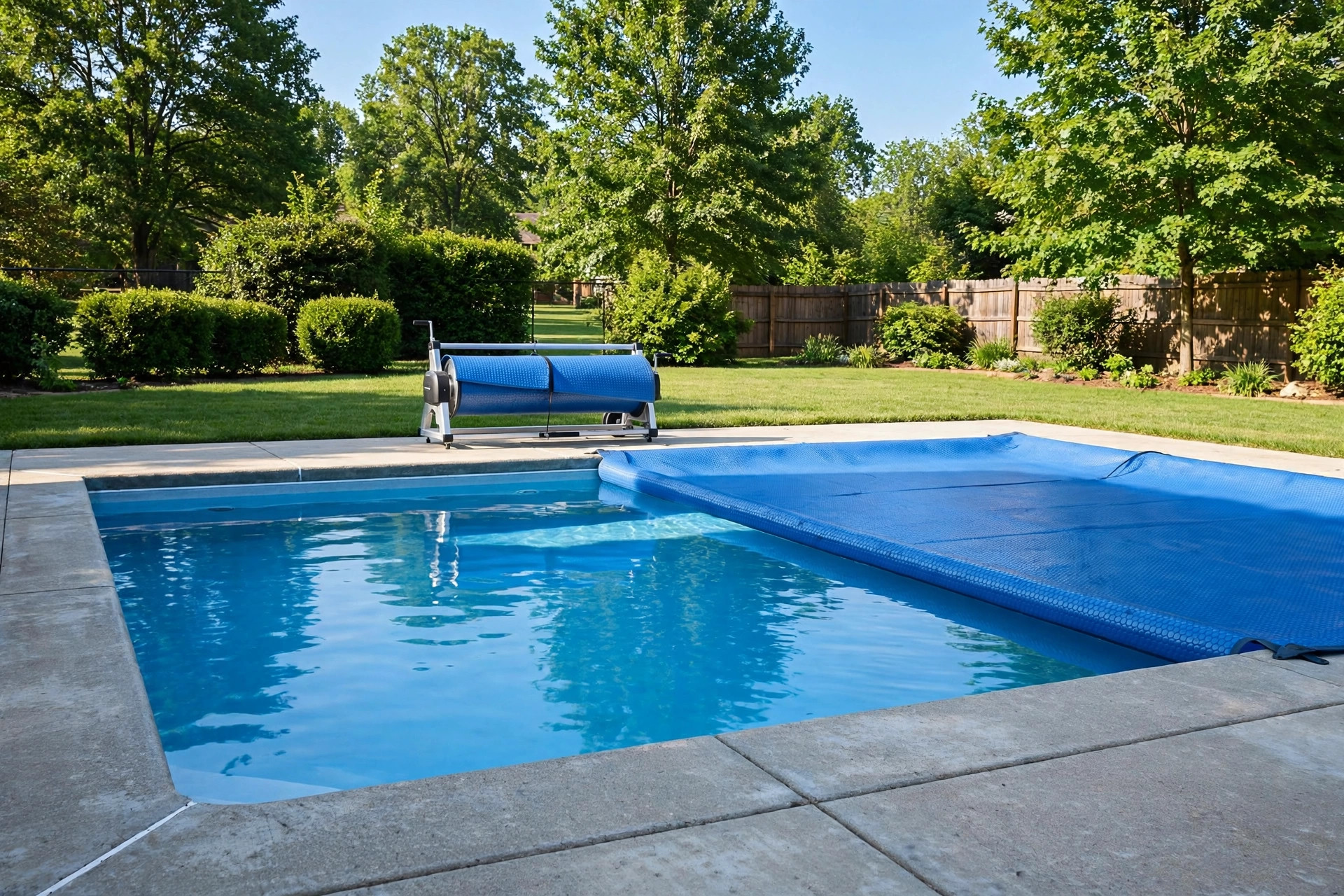 best pool cover reel for solar: Solar pool cover on a reel beside an inground pool