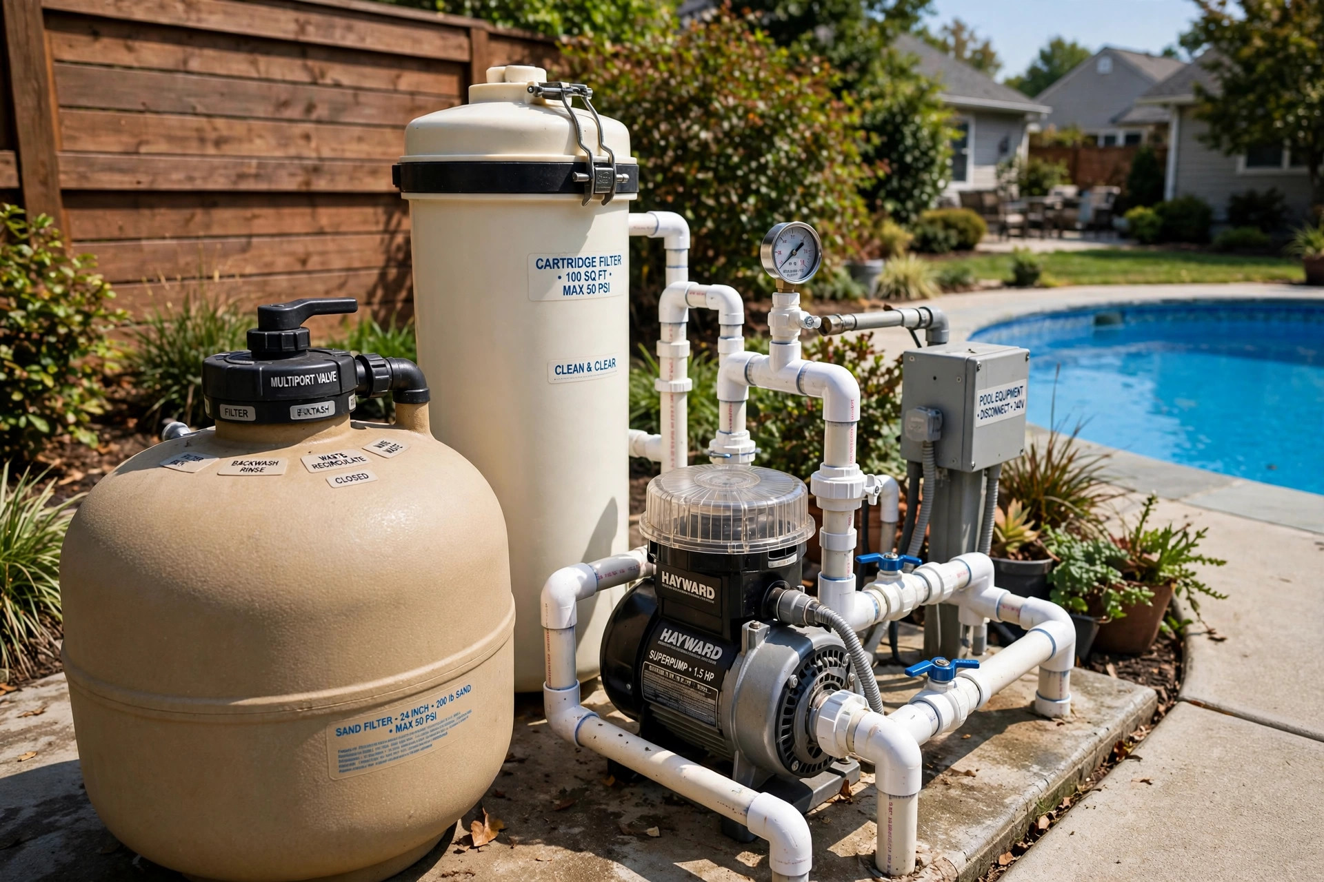 best pool filter sand vs cartridge: Sand filter and cartridge filter tanks beside a home swimming pool