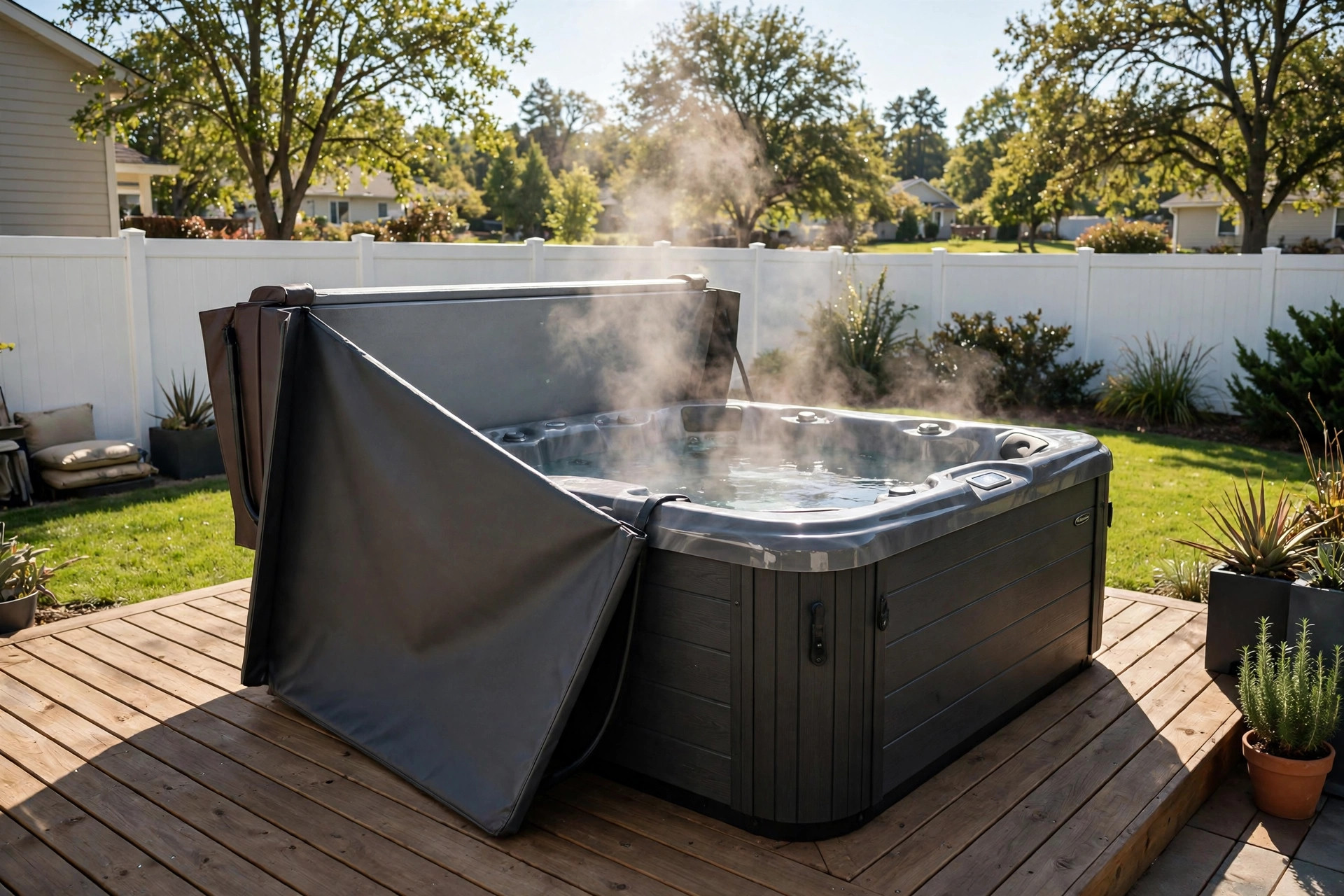 hot tub cover replacement cost guide: A new hot tub cover on a spa in an American backyard