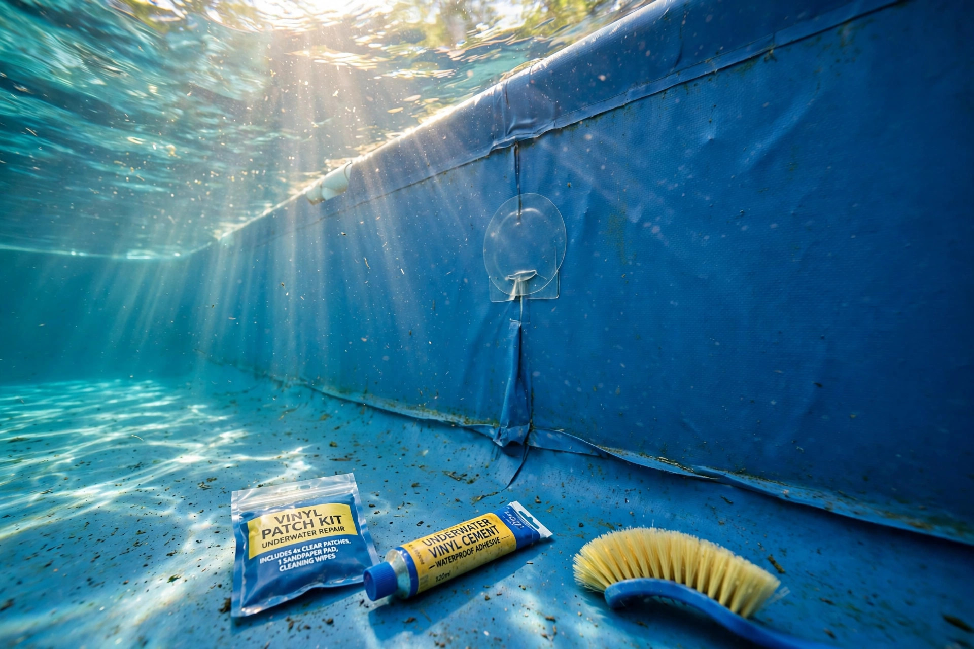 Swimmer-free underwater view showing how to patch pool liner underwater on blue vinyl
