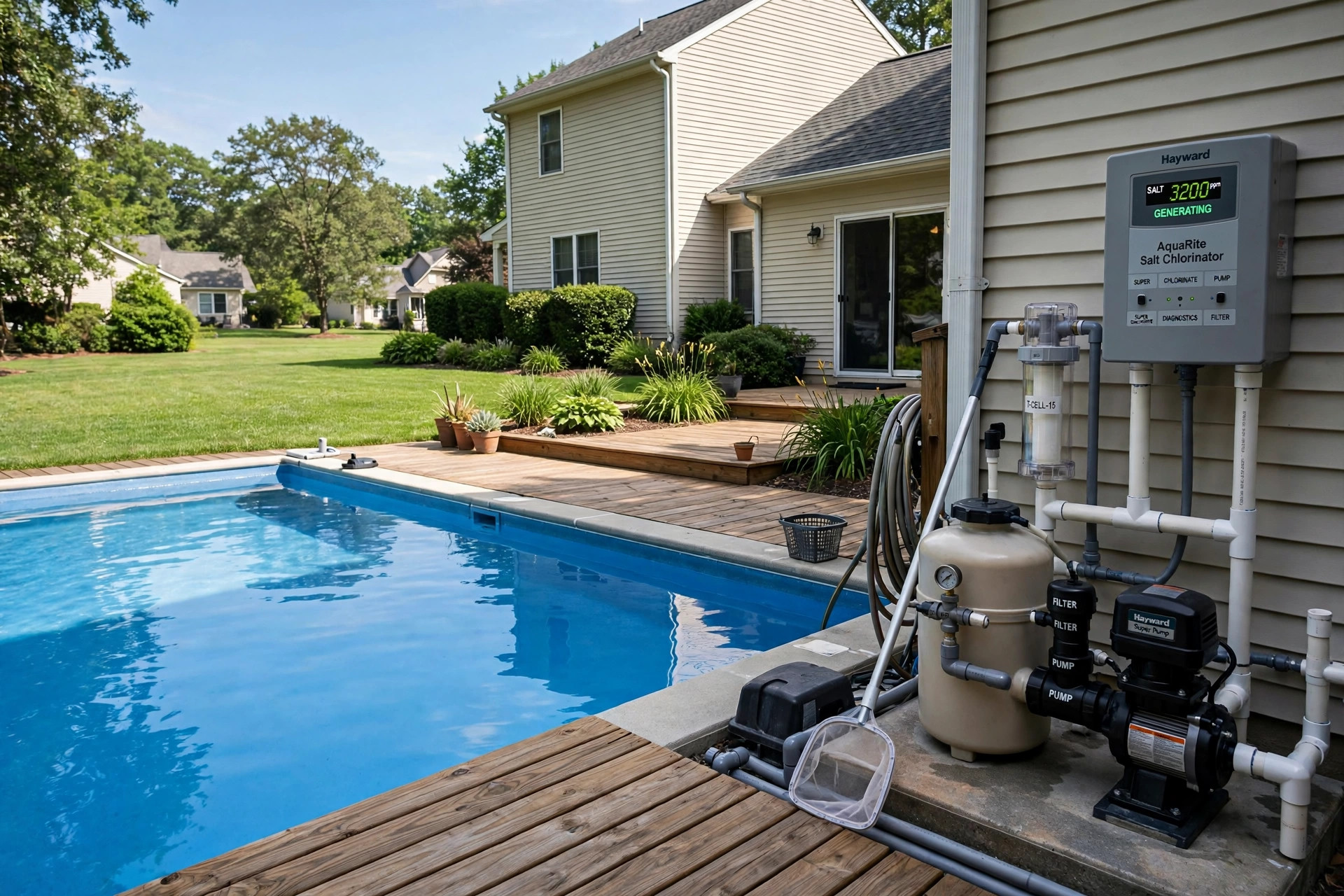 best pool chlorine alternative systems: Backyard swimming pool with a salt water sanitizer system and clean blue water