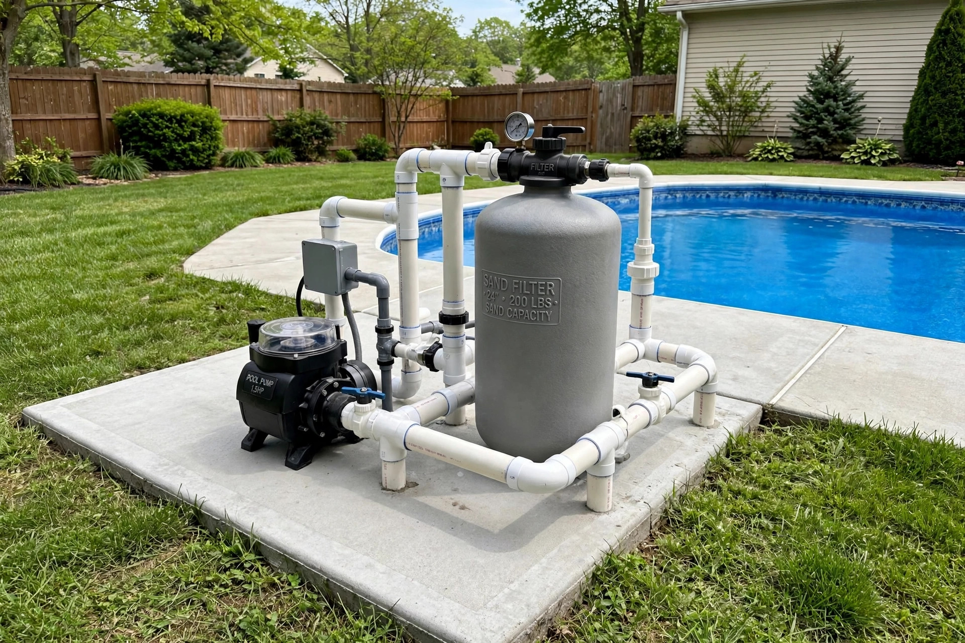 Pool equipment pad installation guide showing a concrete pad with pool pump and filter