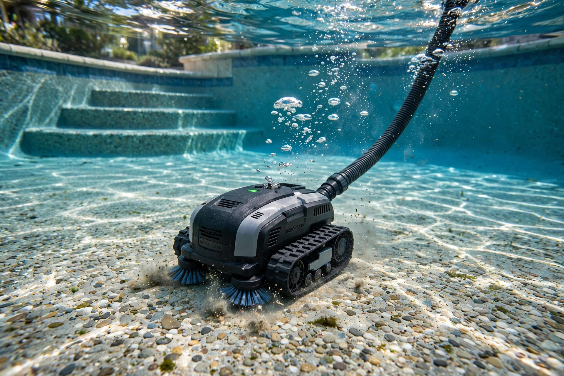best pool vacuum for pebble finish: Automatic pool cleaner vacuuming a pebble finish pool floor