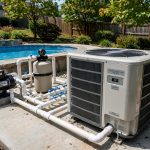 how to install pool heat pump: A pool heat pump installed beside an inground pool with piping and equipment pad