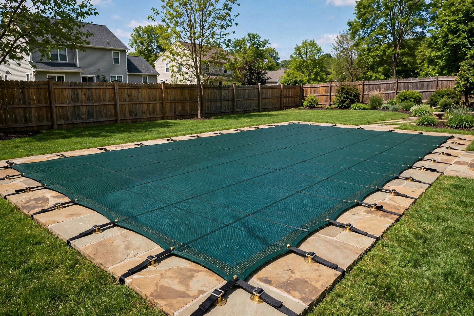 best pool cover for safety kids: A home swimming pool protected by a sturdy mesh safety cover