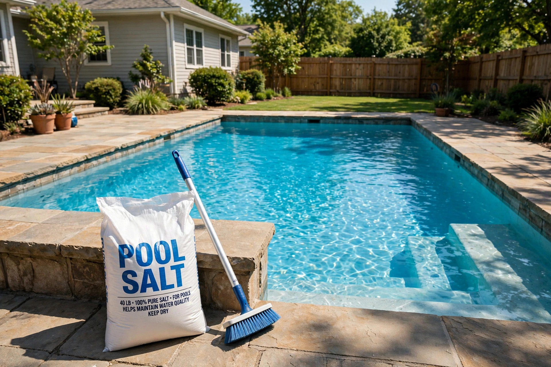 how to add salt to pool correctly: A clear blue saltwater swimming pool with salt bag nearby