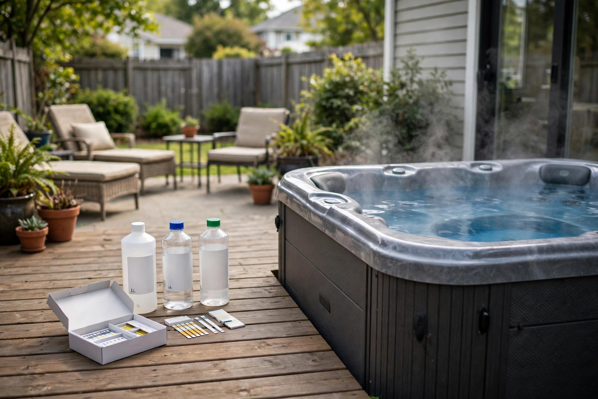 Hot tub chemicals for sensitive skin set beside a clean home spa
