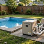 best pool heater for small pools: A pool heater unit beside a small backyard pool