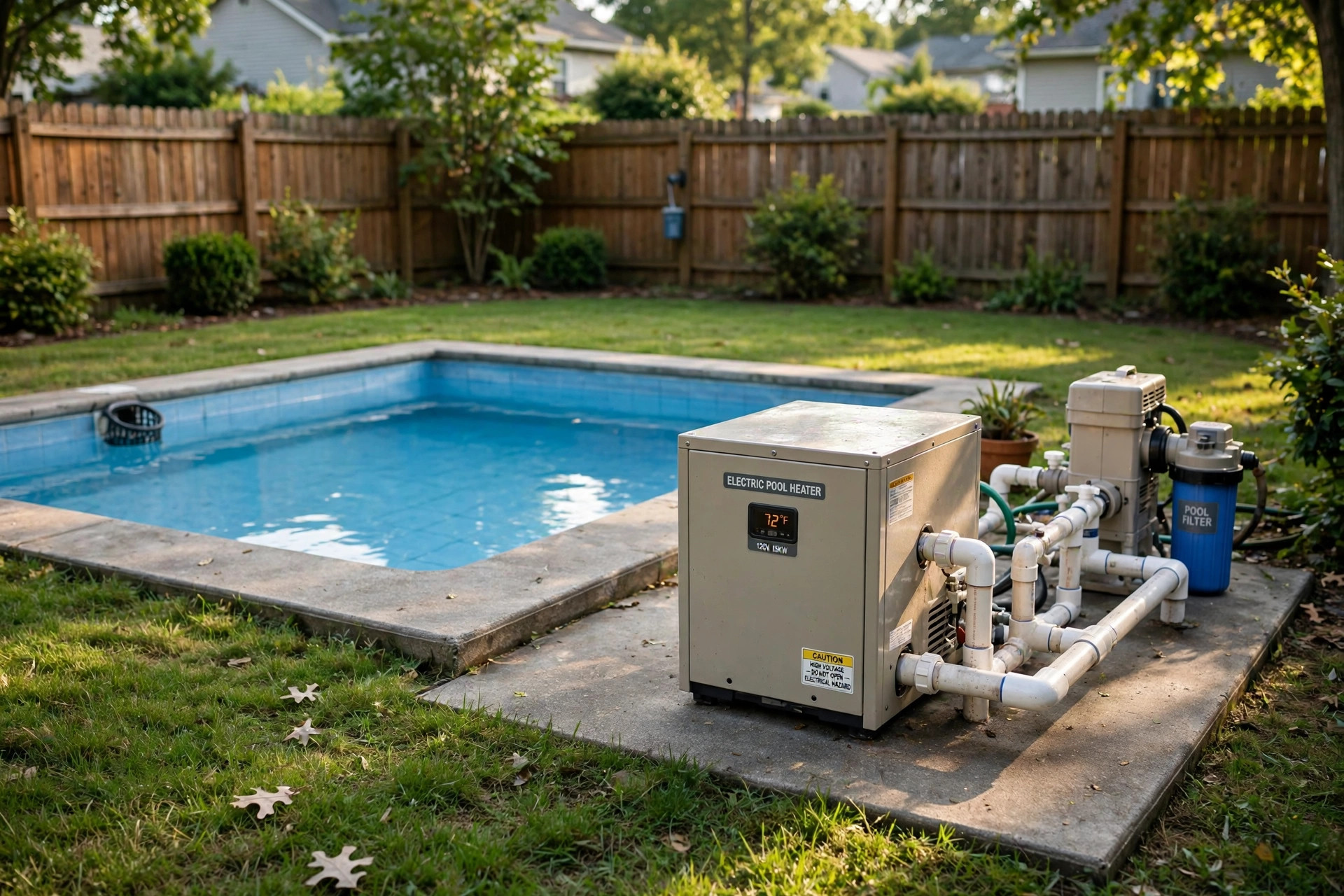 best pool heater for small pools: A pool heater unit beside a small backyard pool
