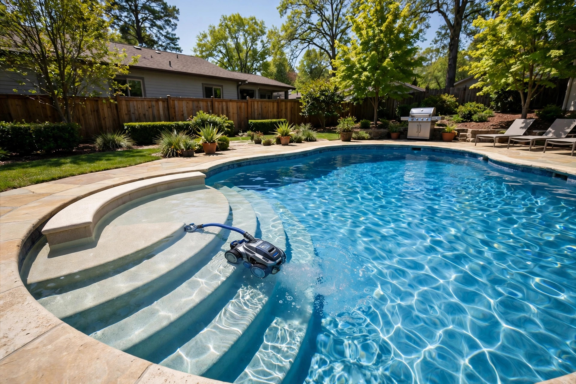 best pool vacuum for steps and benches: Pool vacuum cleaning wide steps and a tanning ledge in a clear blue inground pool