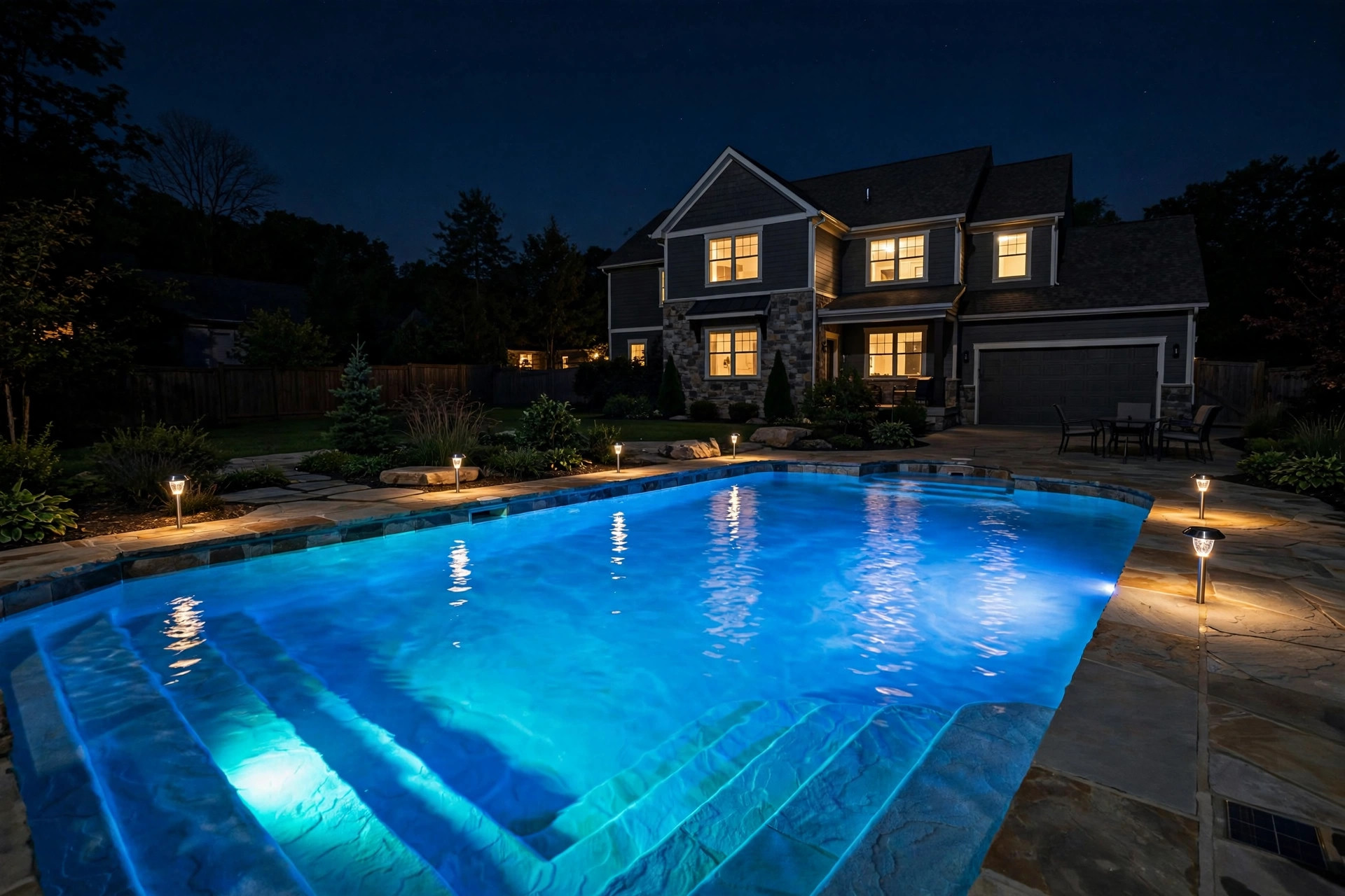 inground pool lighting options for night: Backyard inground pool at night with glowing underwater lights in the water