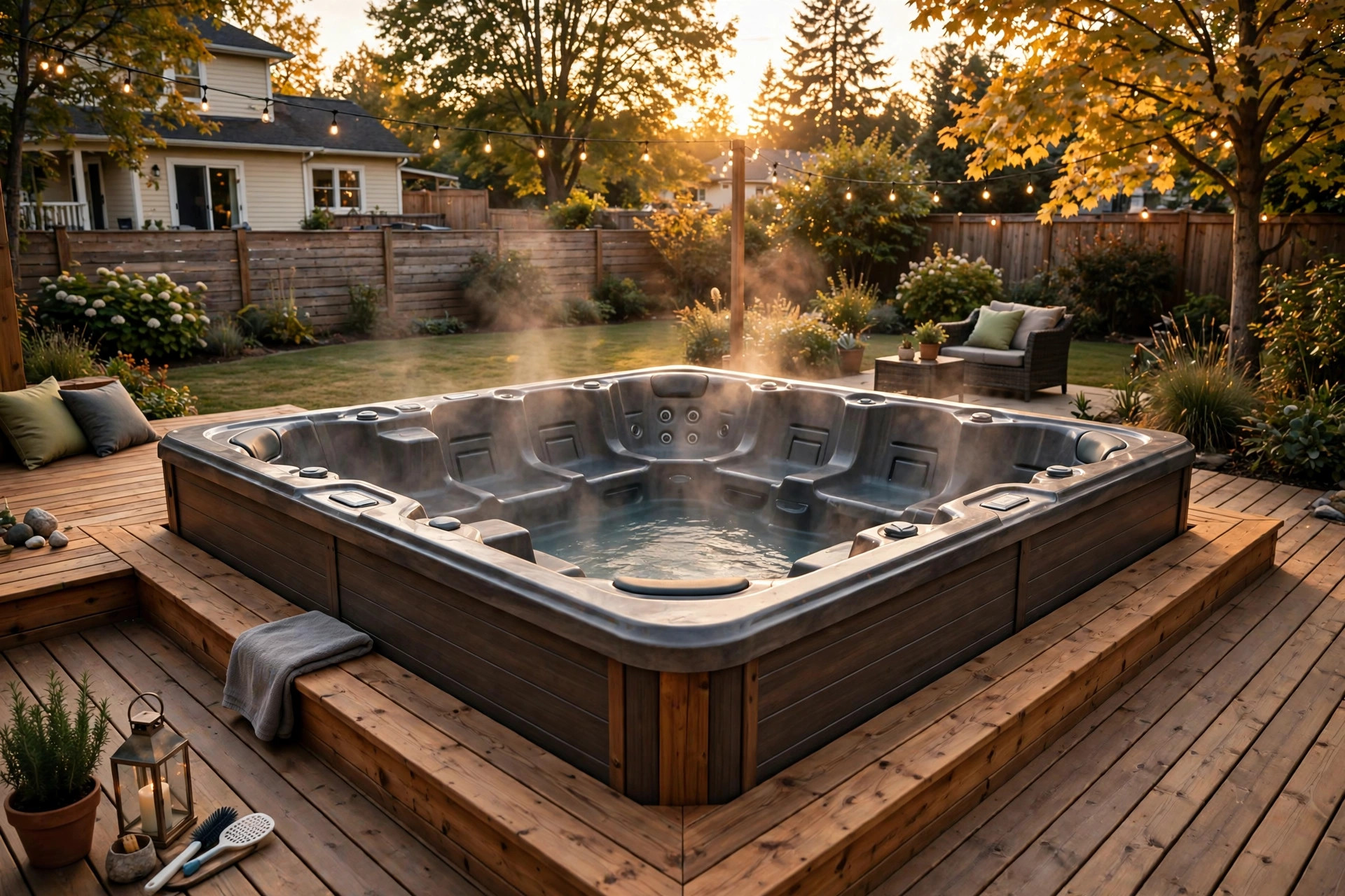 A deep, roomy hot tub with open seating that shows the best hot tub for tall people