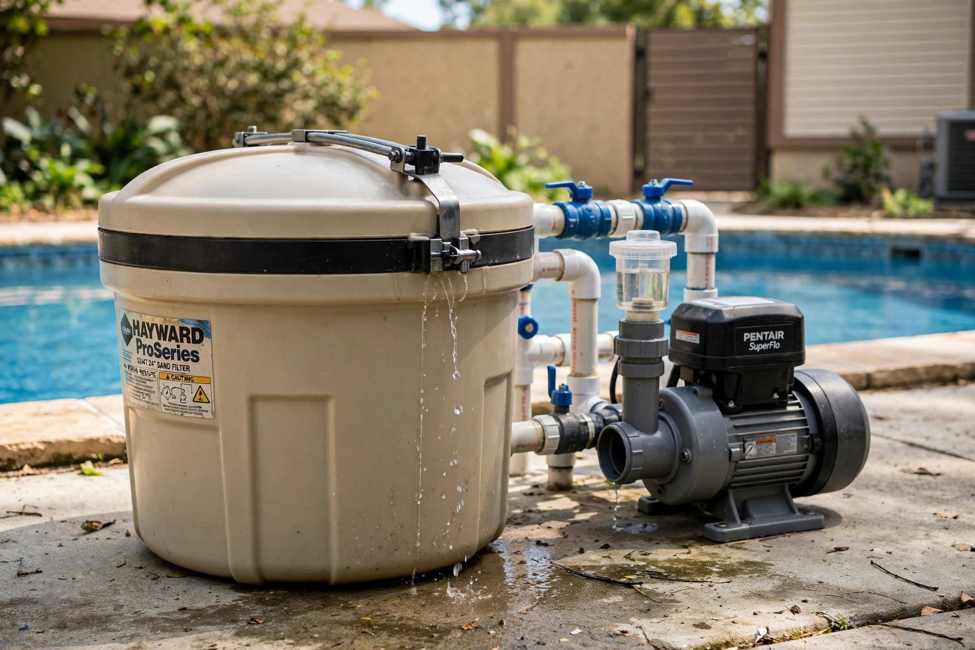 how to fix pool filter leaking: Pool filter leaking repair in a backyard equipment pad