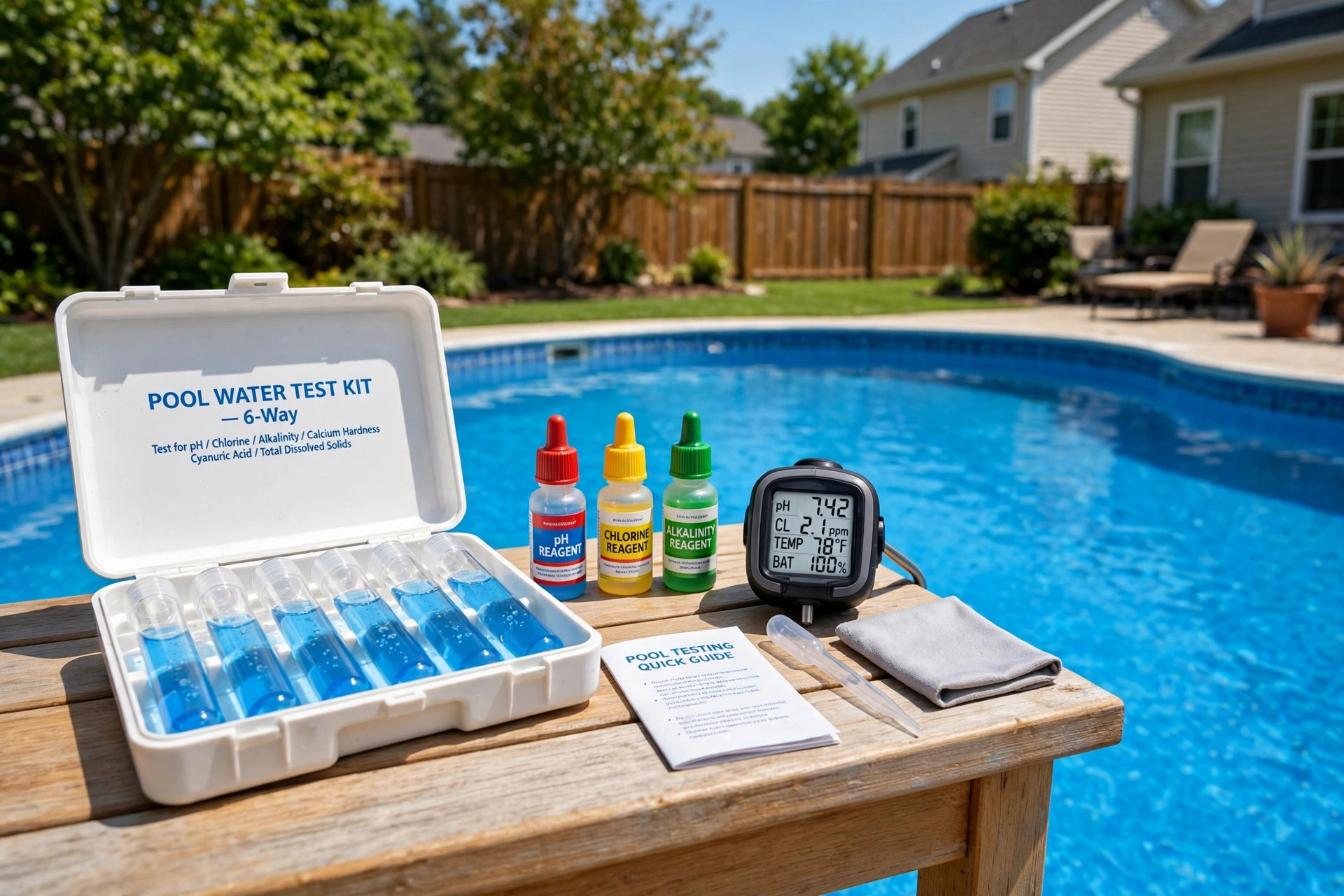 best pool test kit digital reviews: Digital pool test kit on a pool deck