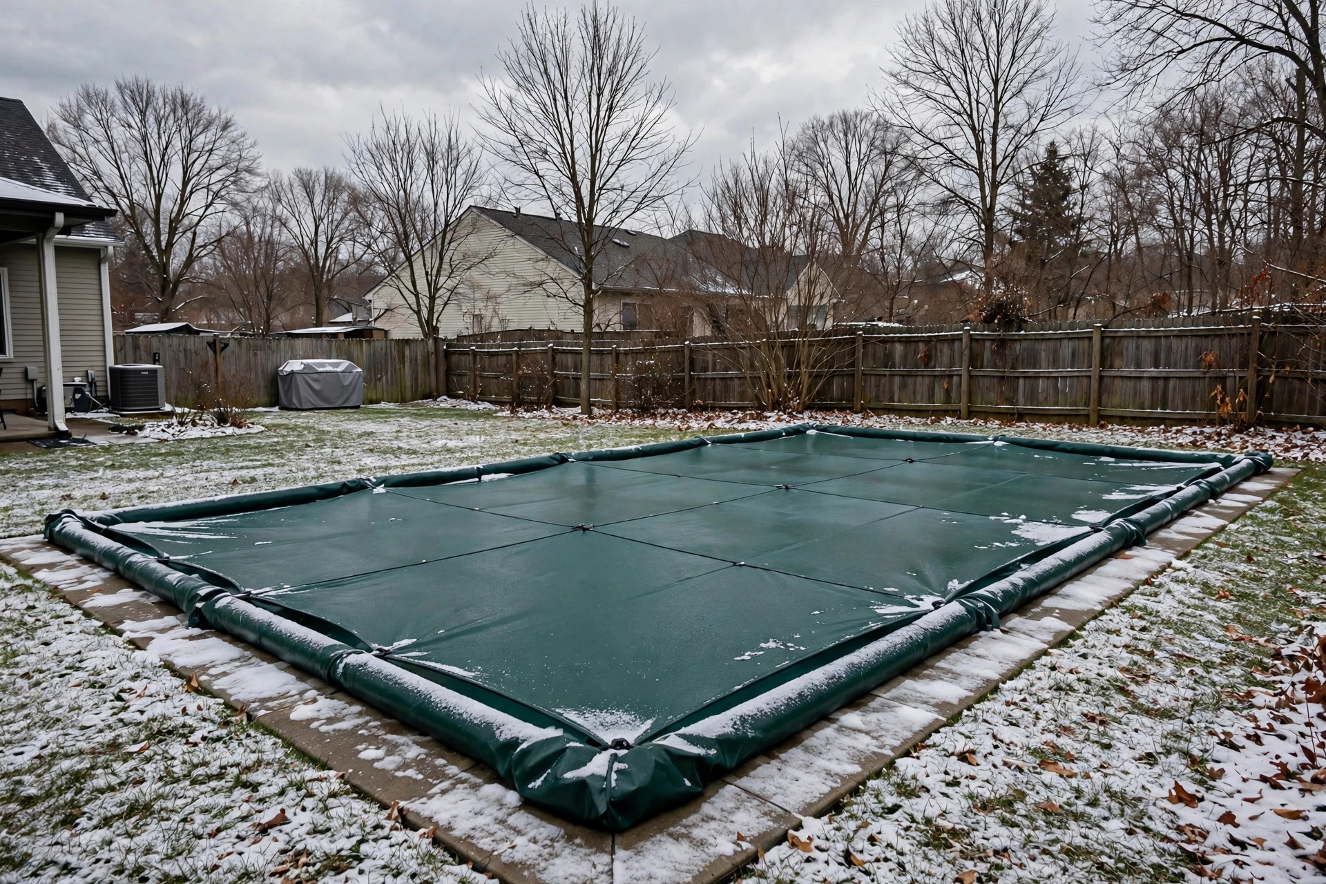 best pool cover for inground winter: Winter pool cover stretched over an inground swimming pool in a snowy backyard