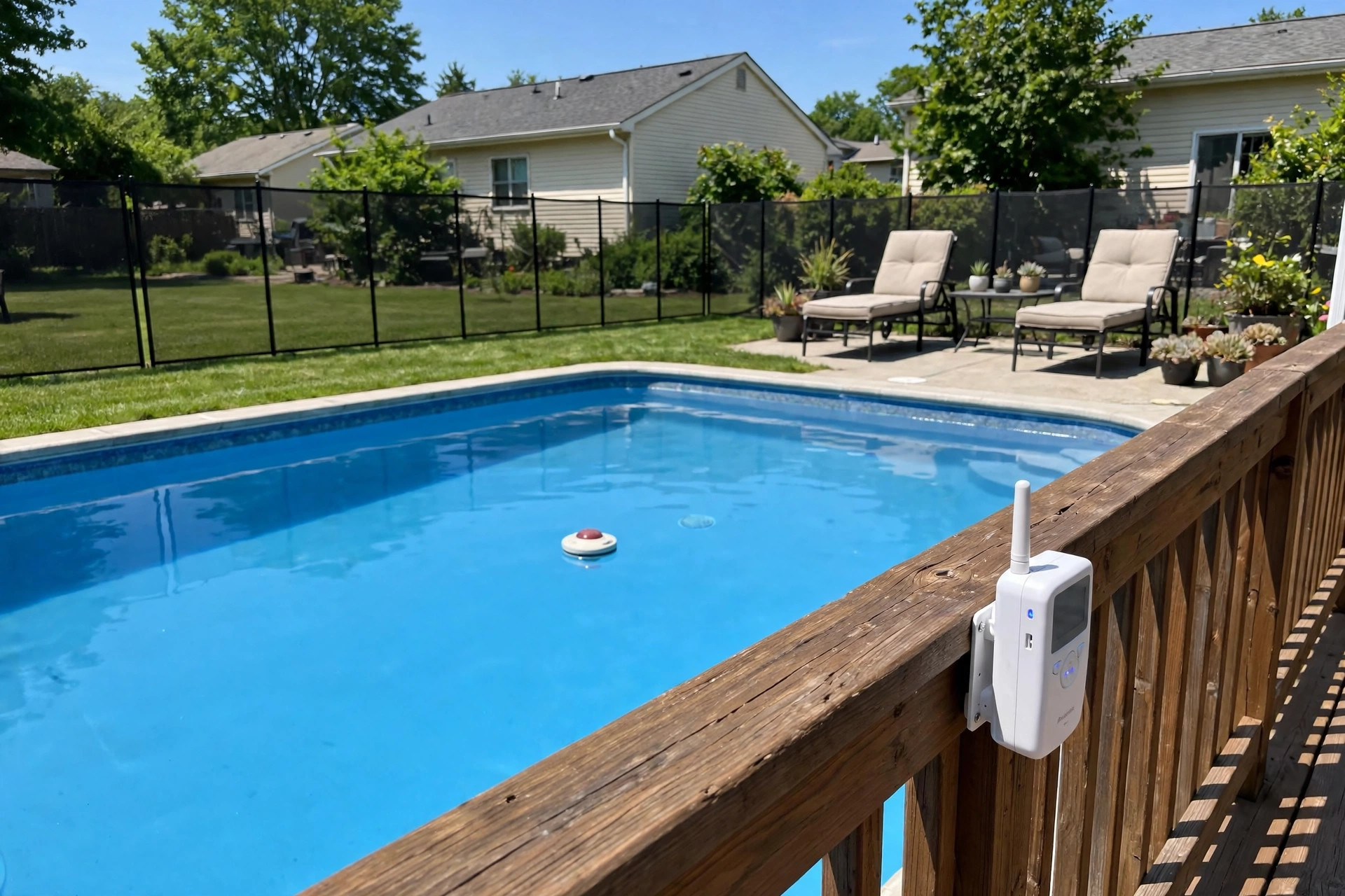 best pool alarm with remote receiver: Backyard pool with a floating pool alarm with remote receiver installed at the pool edge