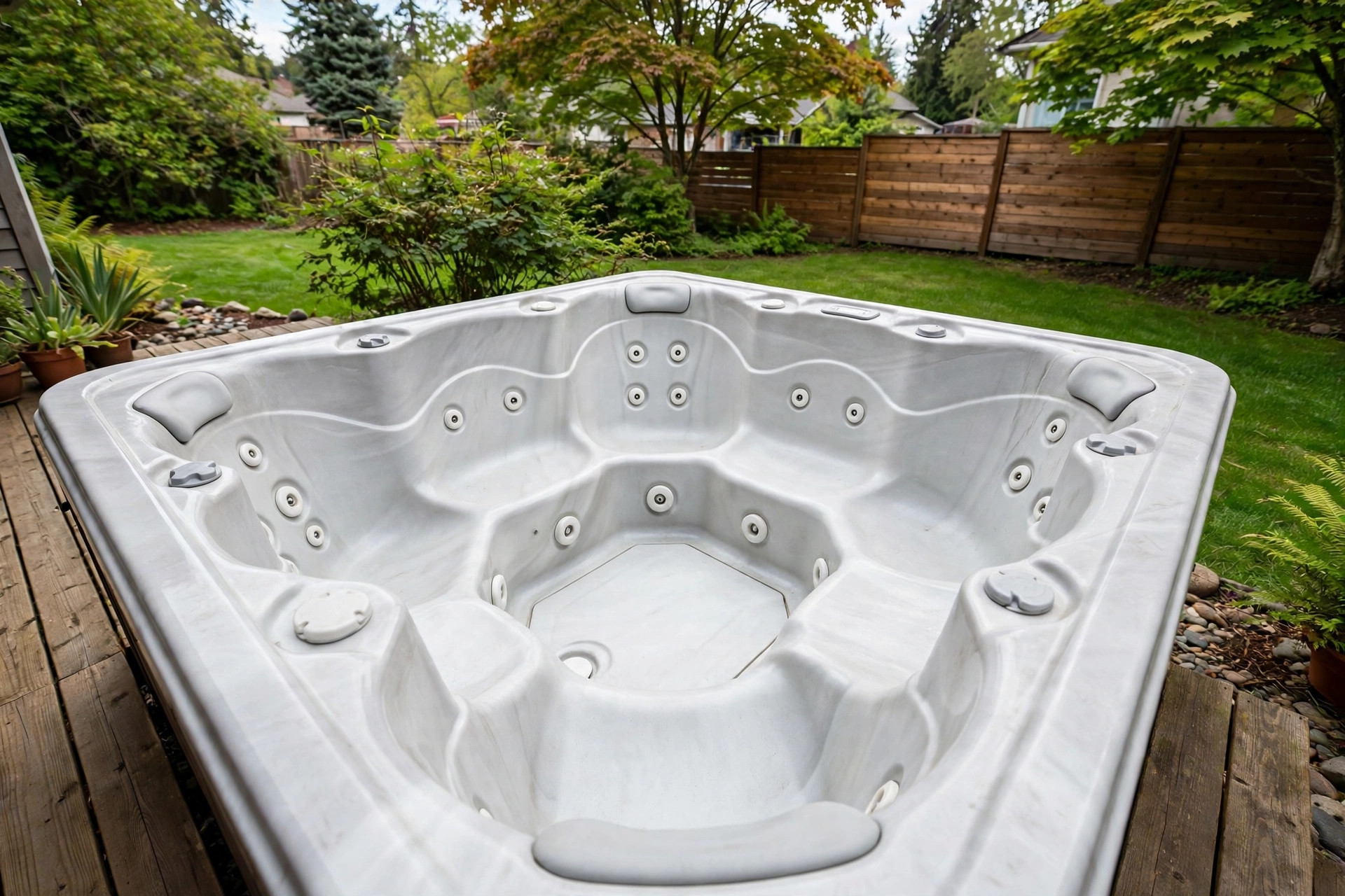 hot tub jet replacement guide: Hot tub interior with massage jets in a backyard spa