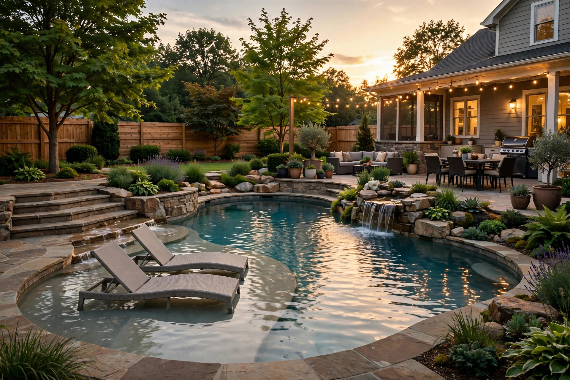 best pool for entertaining guests ideas: inviting backyard pool with lounging ledge
