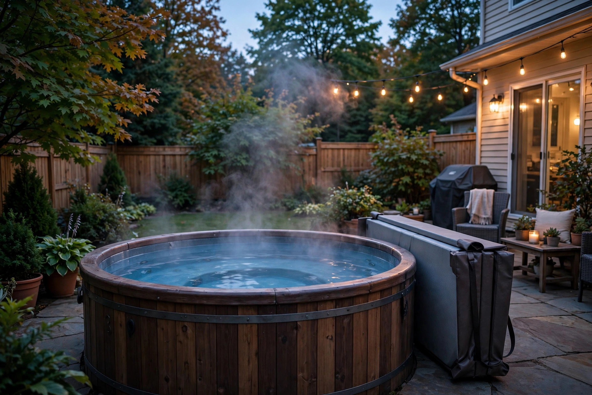 how to shock hot tub after use: A steaming hot tub at dusk after a shock treatment