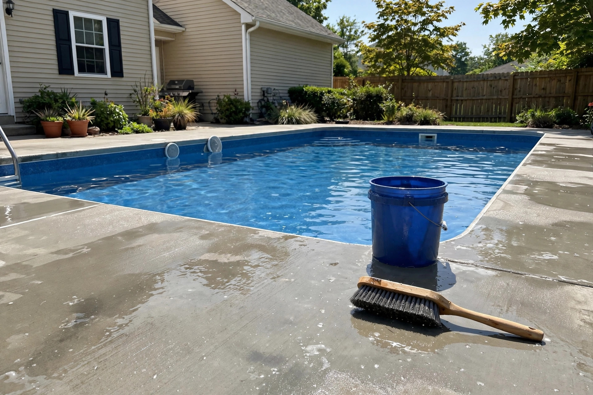 best pool deck cleaner for concrete: A clean concrete pool deck around a backyard swimming pool
