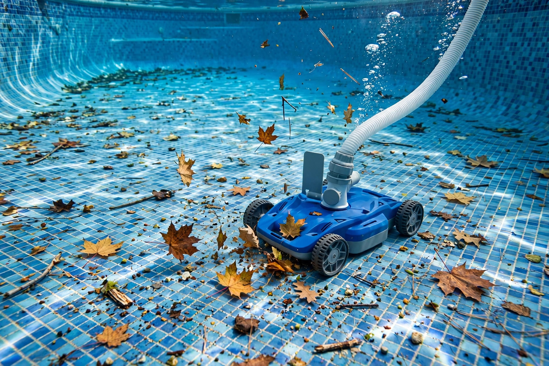 best pool vacuum for large debris: Pool vacuum cleaning leaves and large debris from a swimming pool