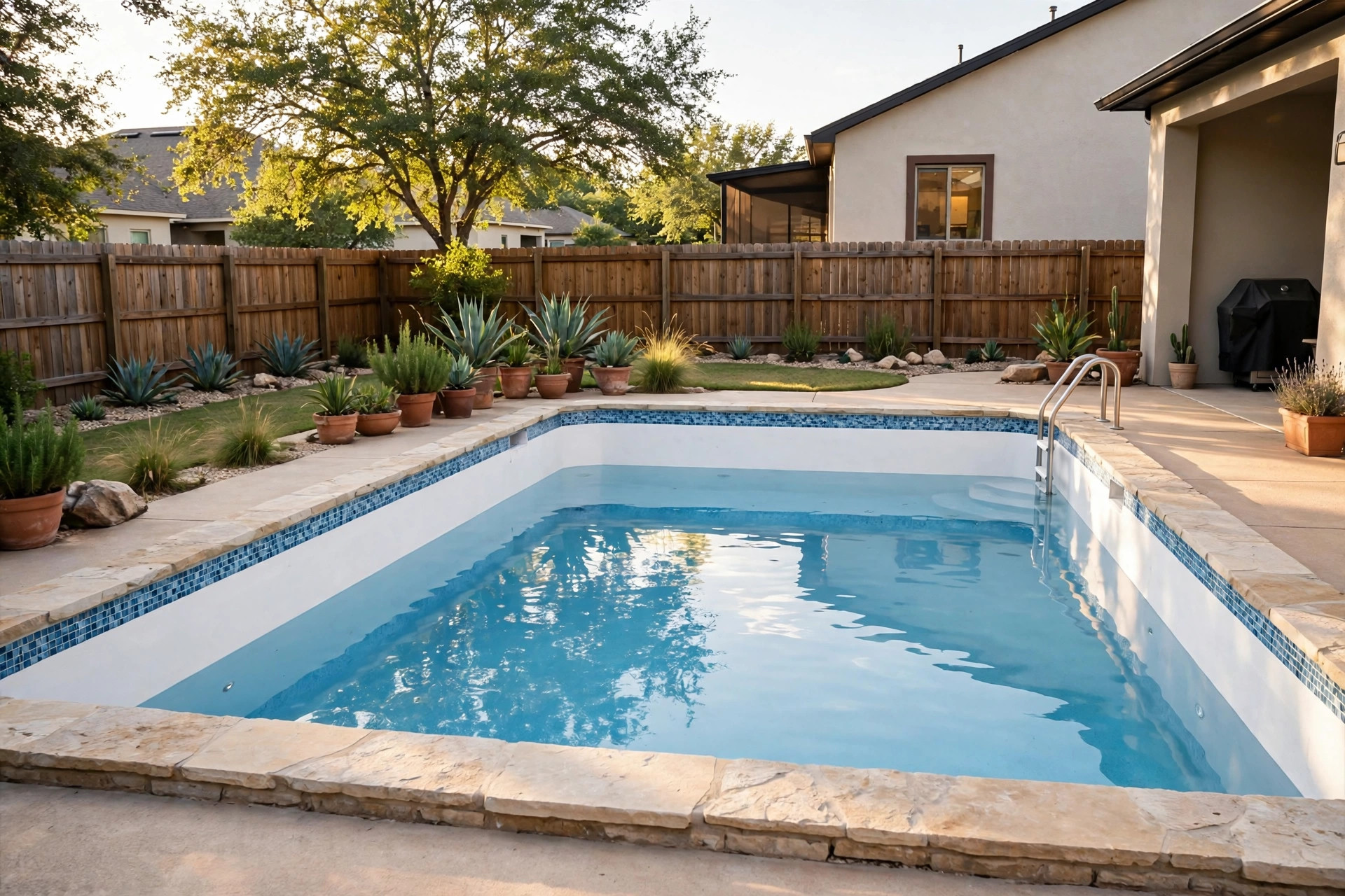 inground pool resurfacing cost texas: Newly resurfaced inground pool in a Texas backyard with smooth plaster finish