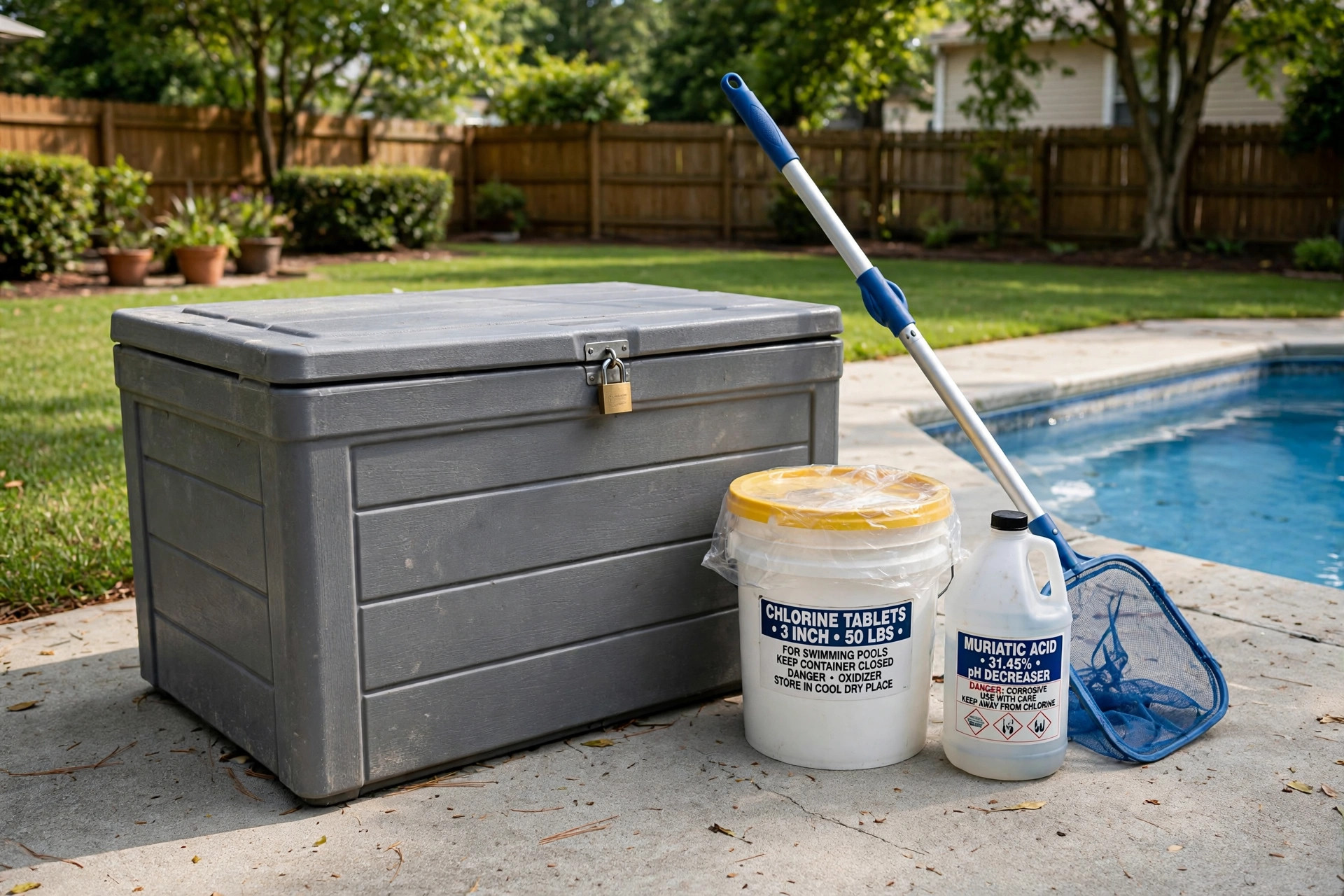 Pool chemical storage bin with focus keyword best pool chemical storage bin in a real American backyard