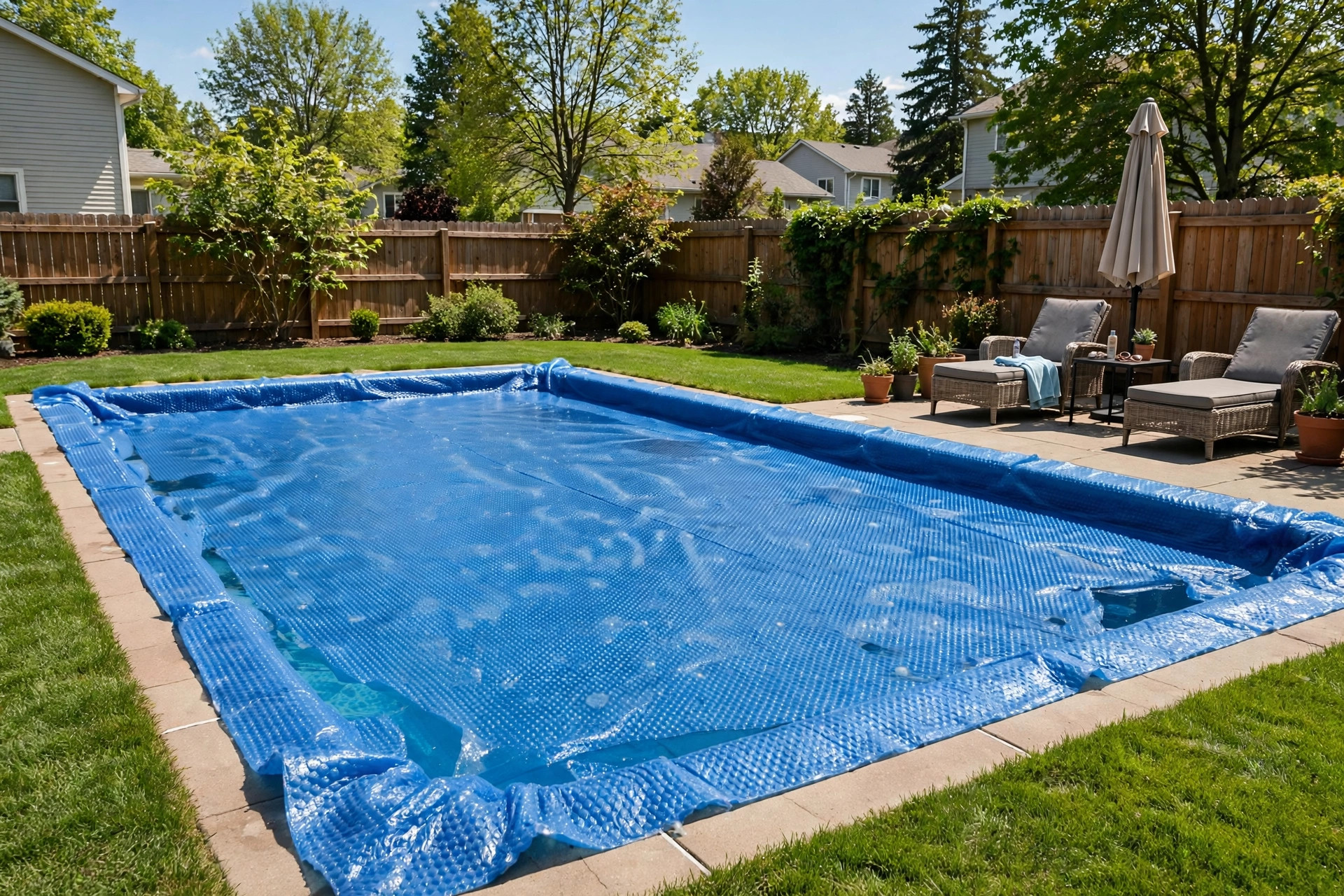 how to prevent pool evaporation covers: Blue solar blanket floating on a backyard swimming pool to prevent pool evaporation