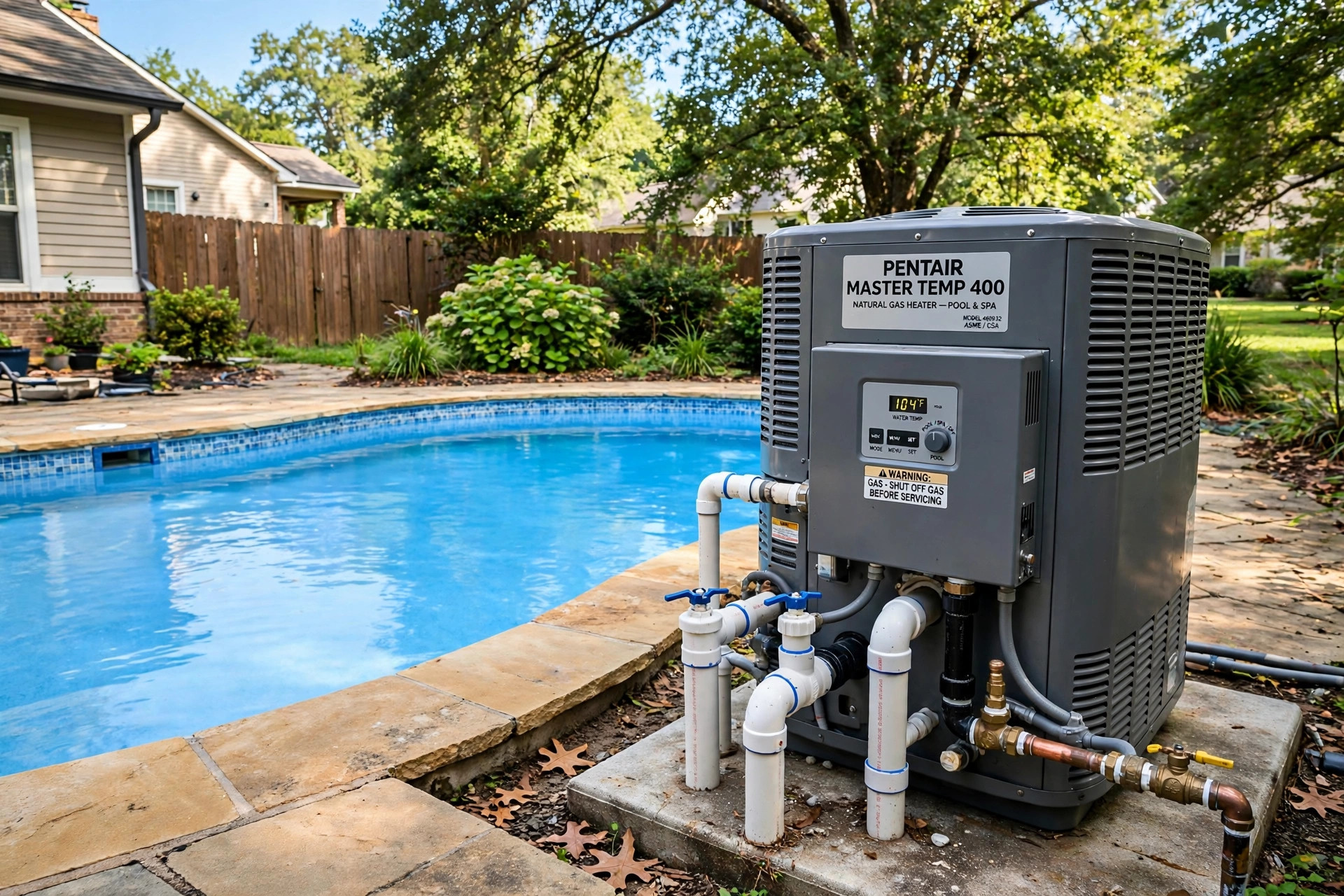 Pool heater repair service near me at work on a home pool heater