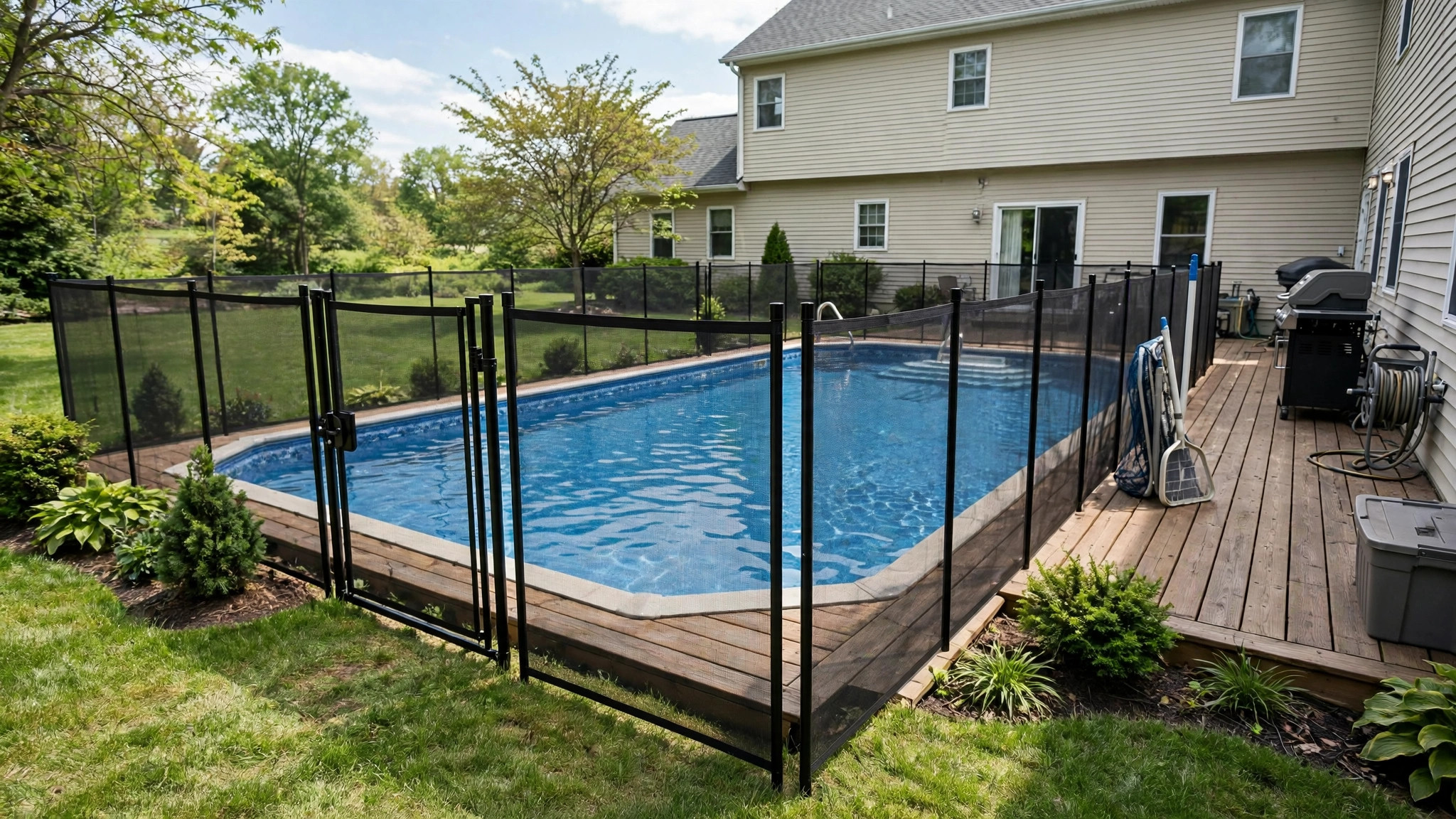 how to install pool fence yourself: Mesh pool safety fence installed around a backyard inground swimming pool