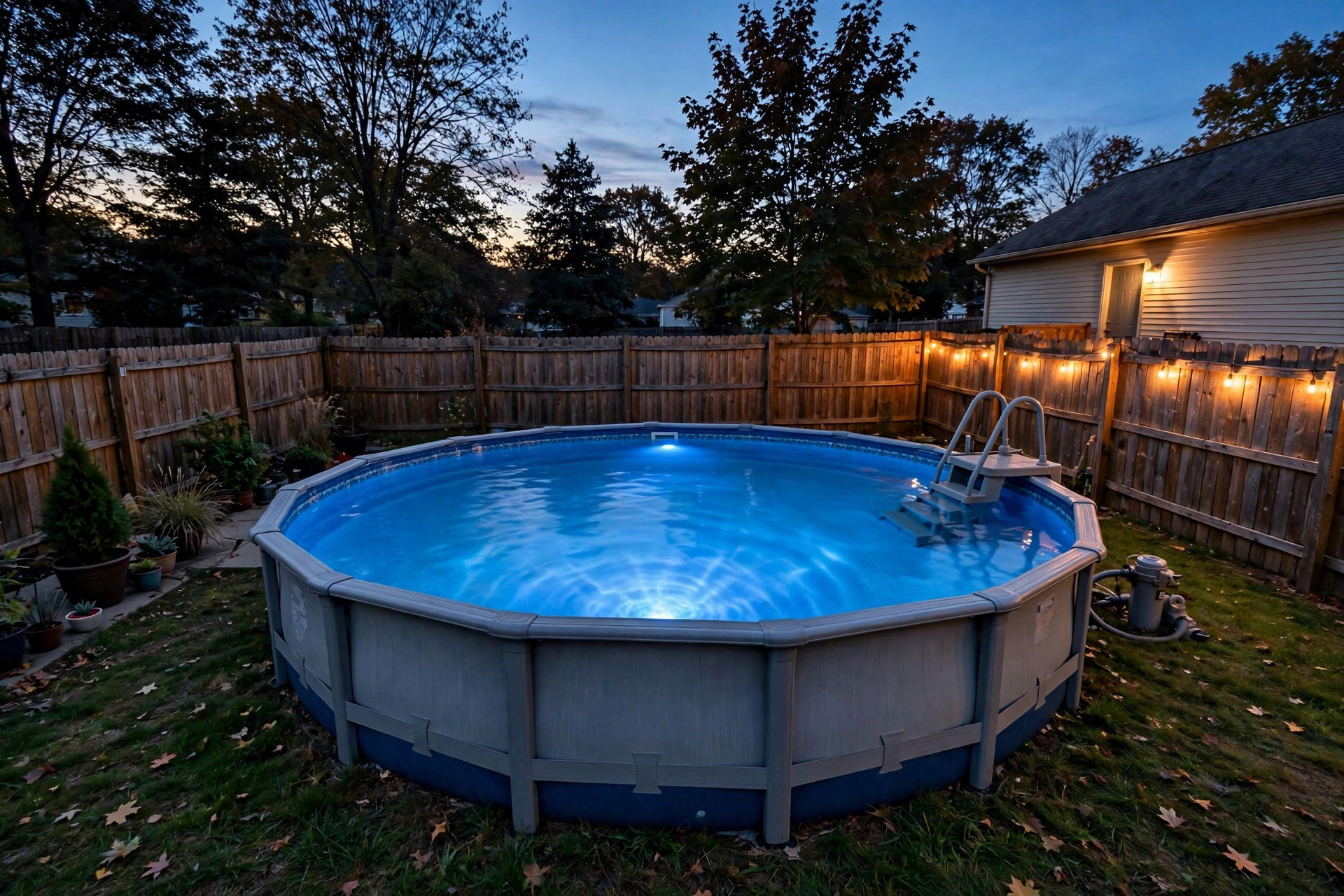 best pool light for above ground: Pool light glowing underwater in an above ground pool at night