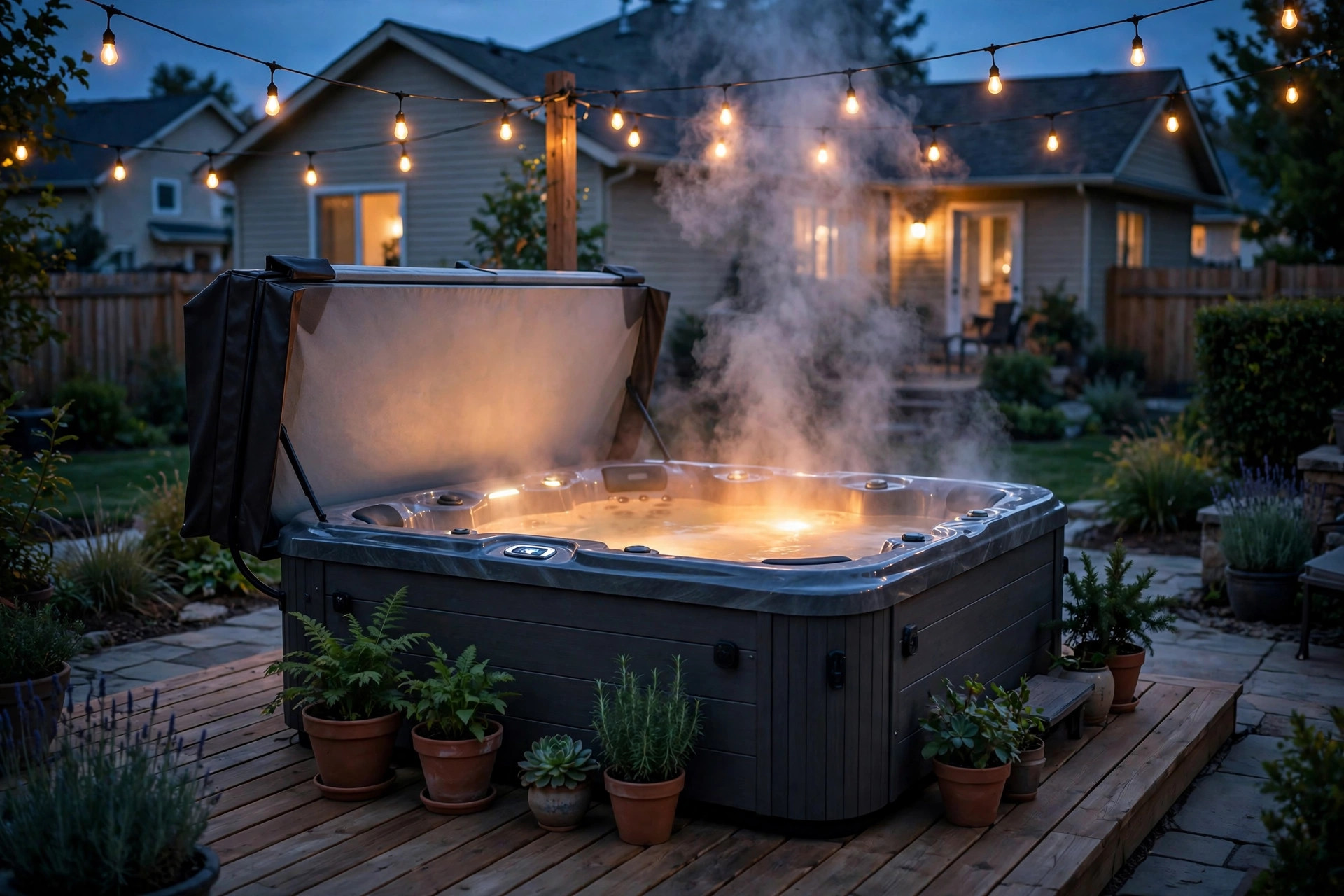 hot tub maintenance cost per year: Hot tub on a backyard deck in the evening