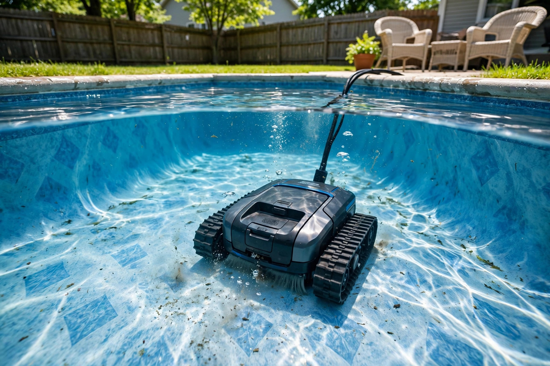 best pool vacuum for vinyl liner: A robotic pool vacuum cleaning a vinyl liner pool in a suburban backyard