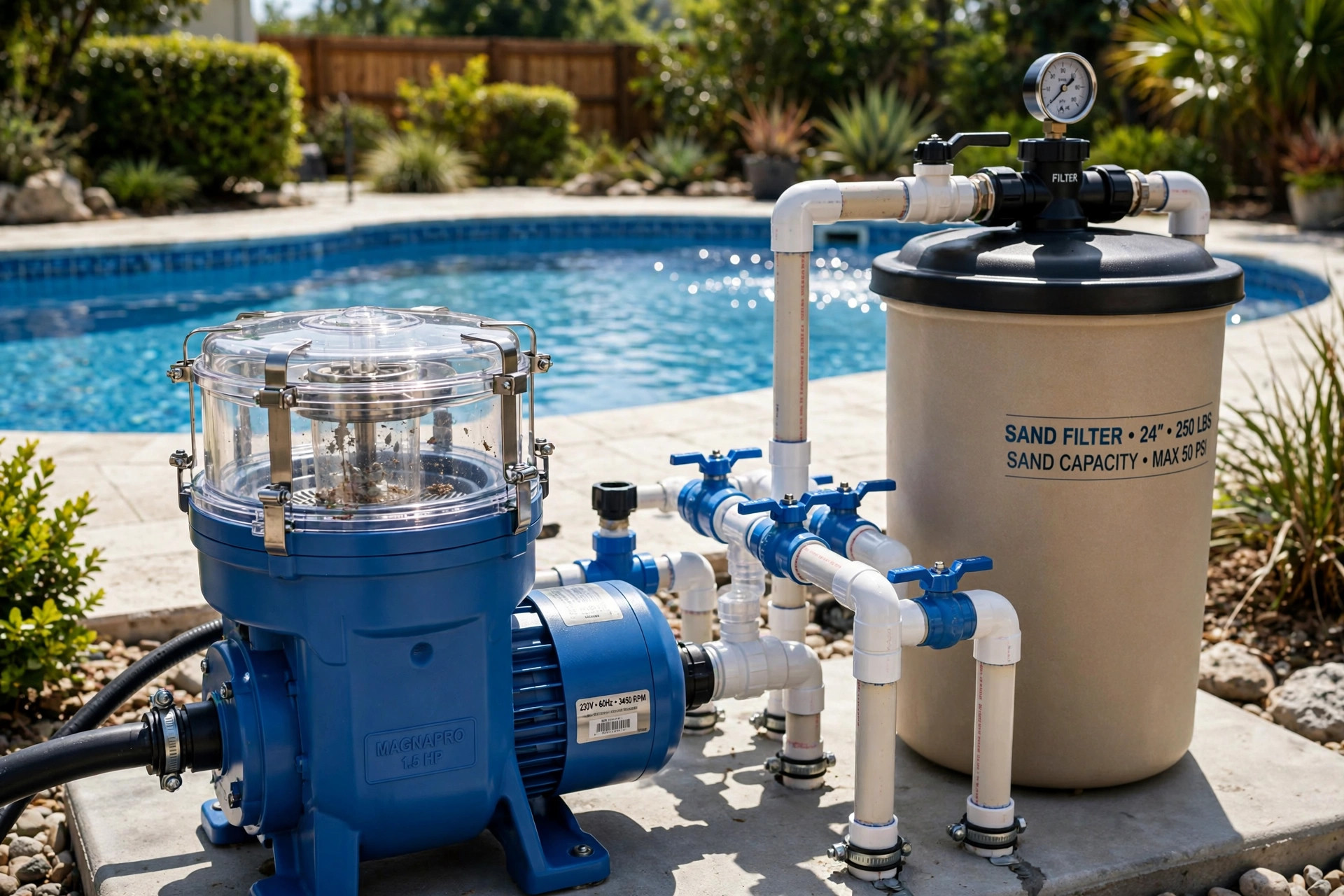how to fix low pool water flow: A pool pump and filter system fixing low pool water flow