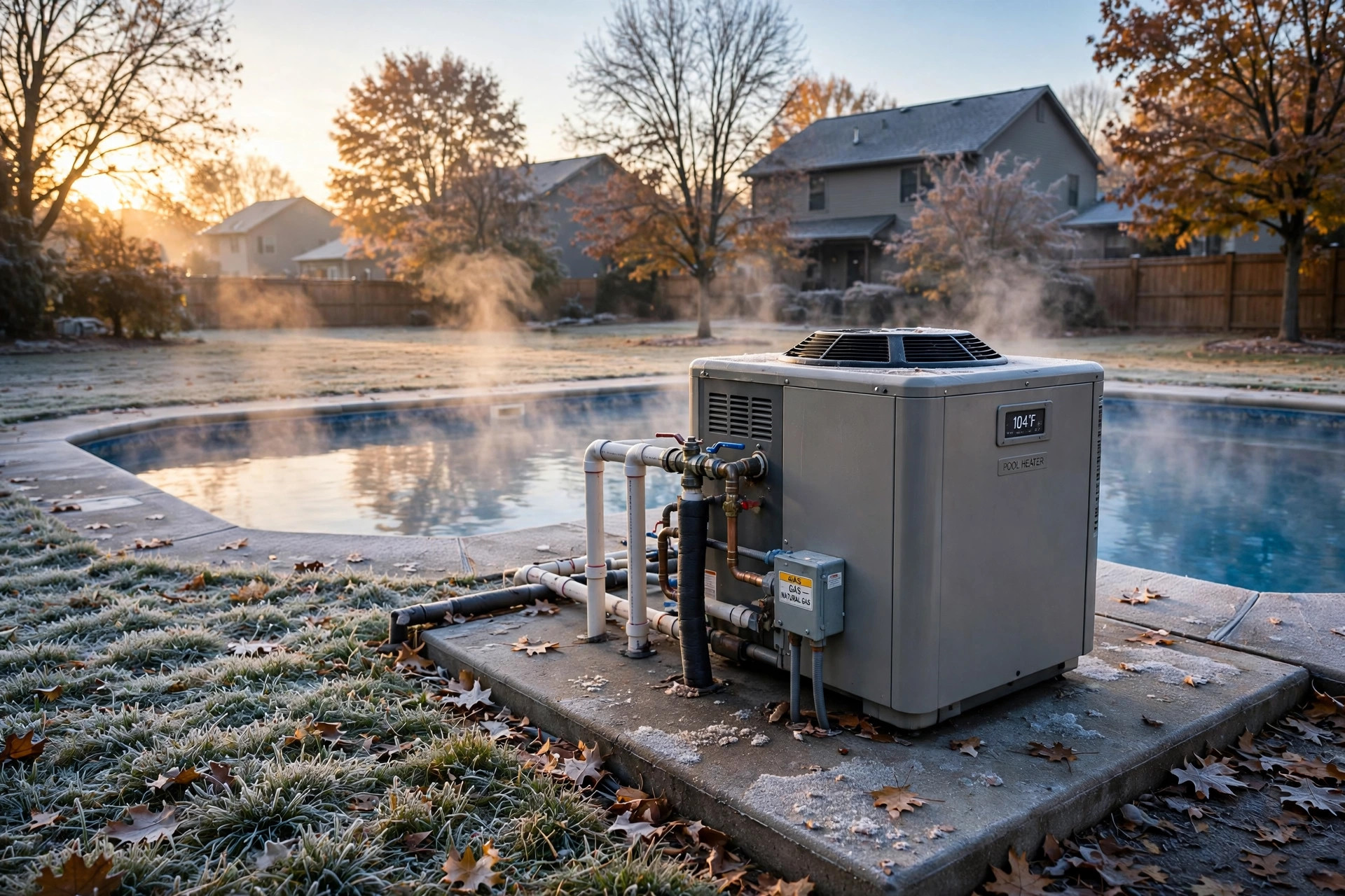 A steaming outdoor swimming pool heated with the best pool heater for cold climates