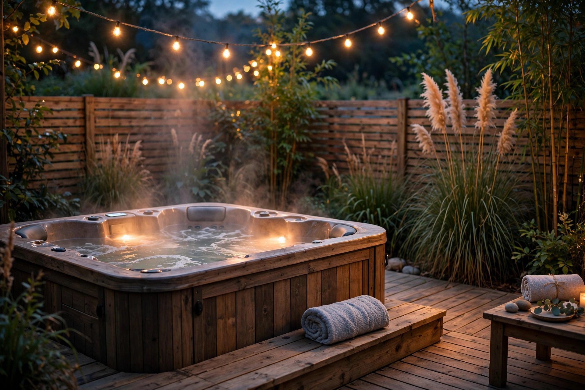 best hot tub for couples retreat: A warm-lit hot tub for couples in a backyard retreat at dusk