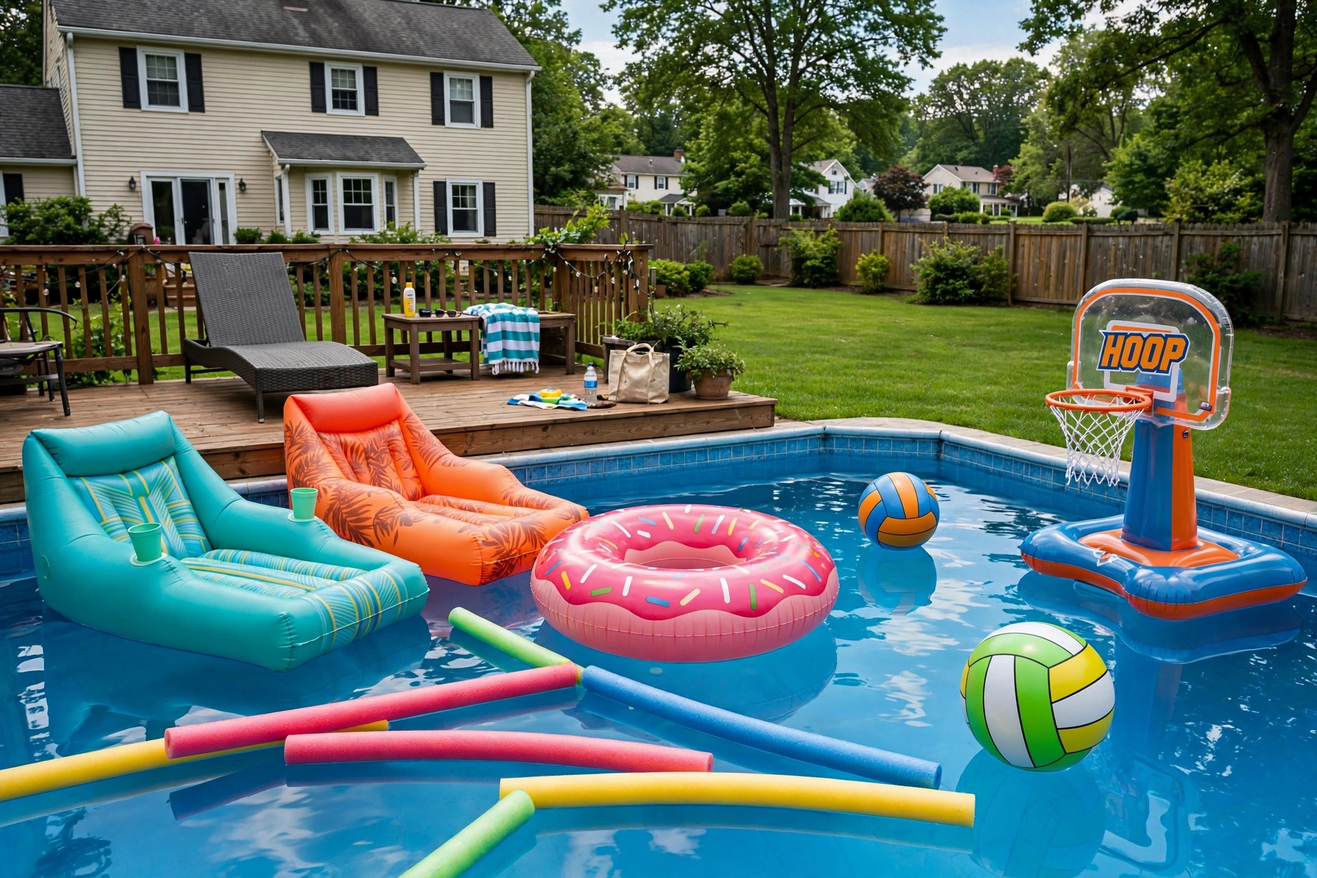 best pool toys for teenagers reviews: Colorful pool toys for teenagers floating in a backyard swimming pool