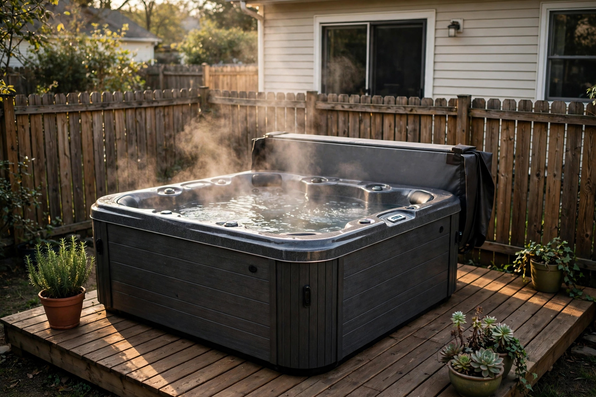 best hot tub for small spaces: Compact two-person hot tub on a small wooden deck