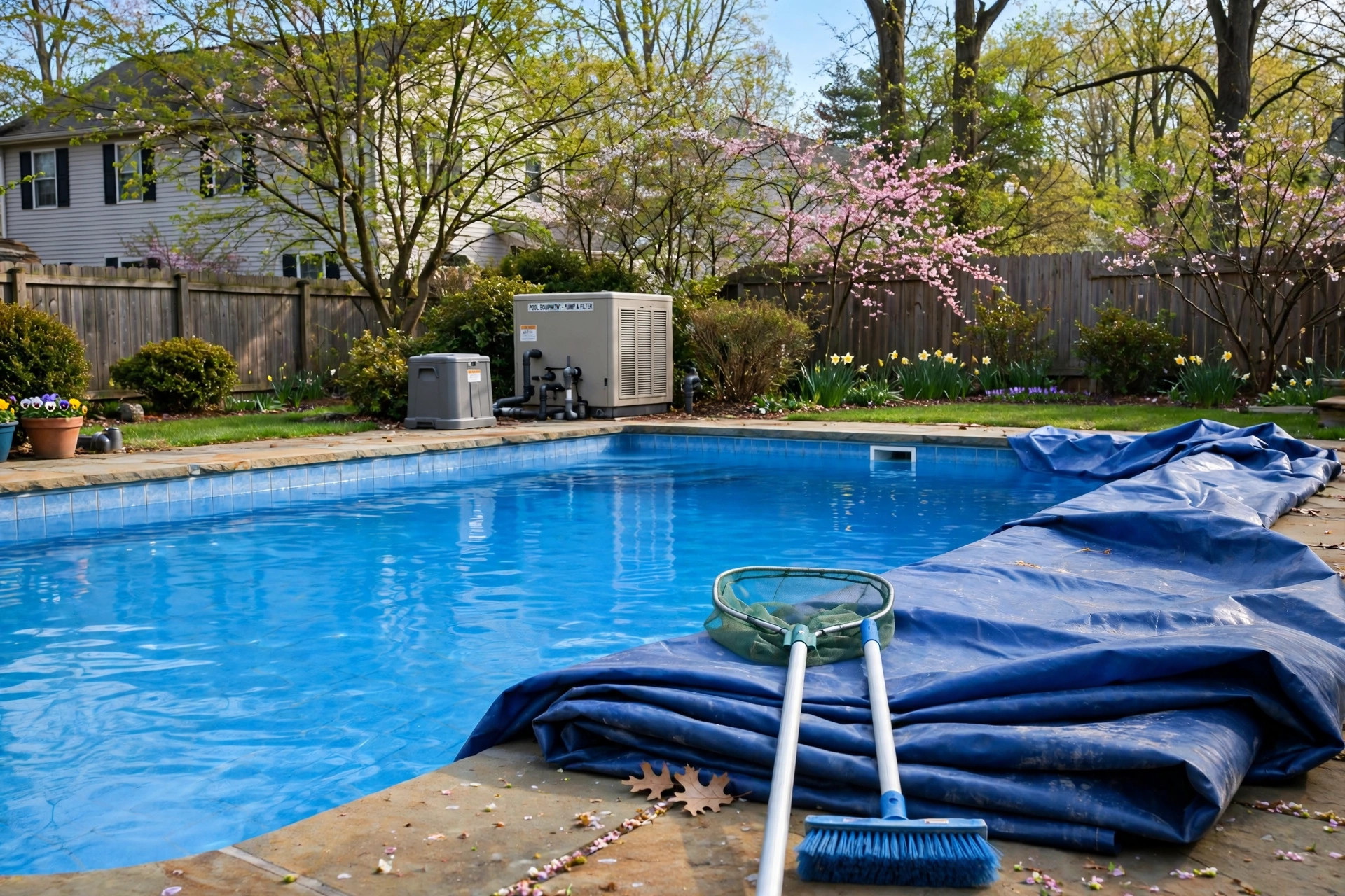 Pool opening checklist for spring season with pool cover removed