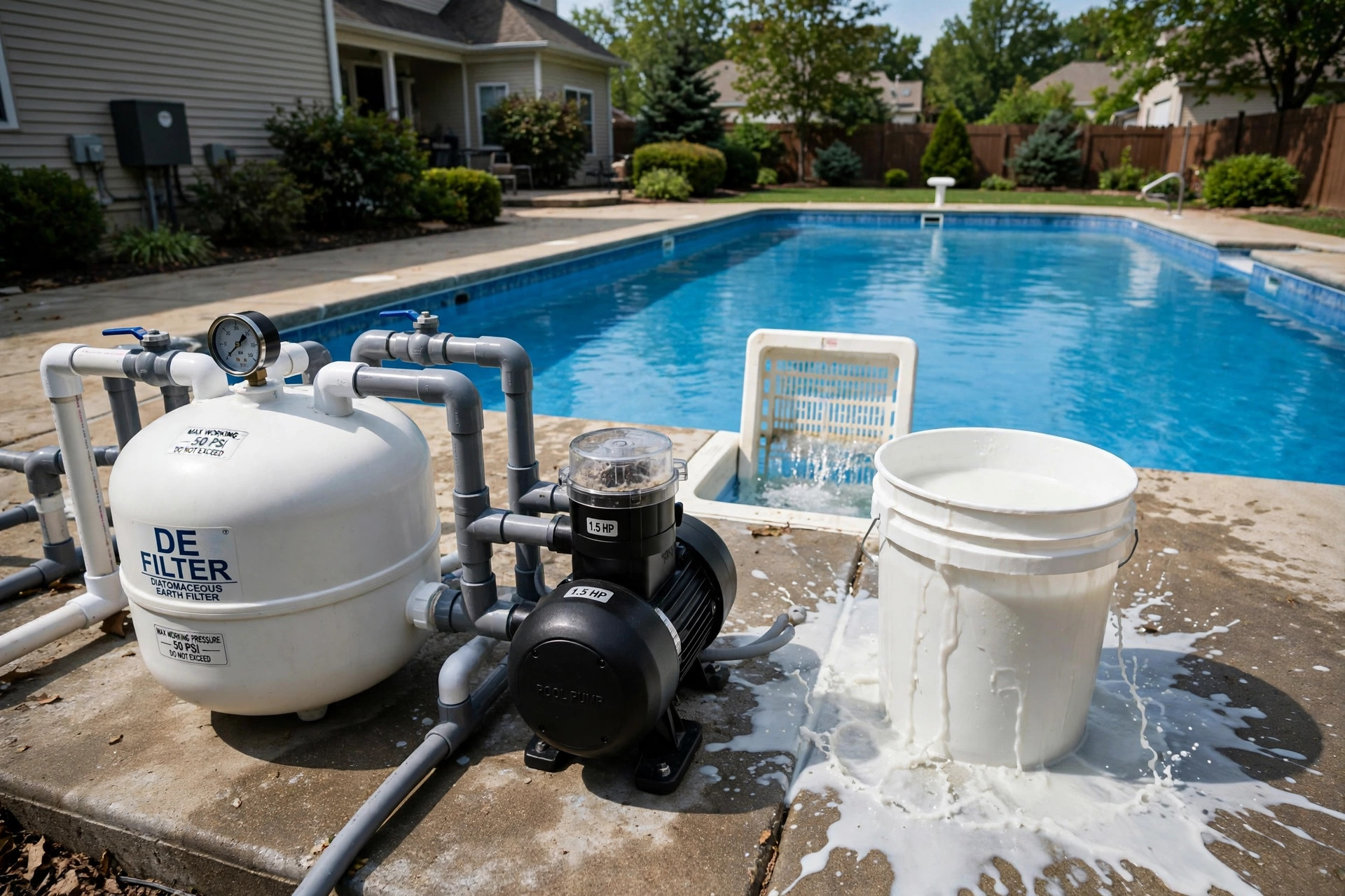 Backyard pool equipment pad showing how to add DE to pool filter