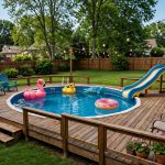 Above ground pool with deck and string lights, a best pool for backyard fun ideas setup