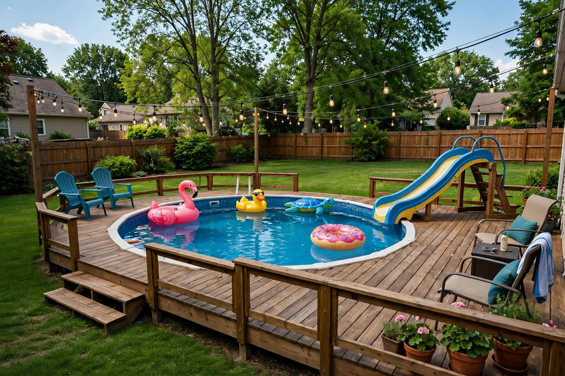 Above ground pool with deck and string lights, a best pool for backyard fun ideas setup
