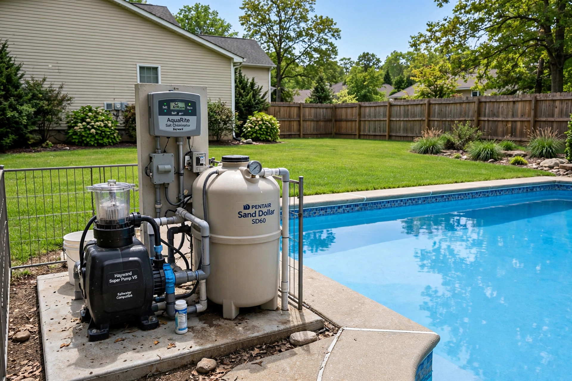 Salt water pool pump sizing guide showing pool equipment beside a backyard pool
